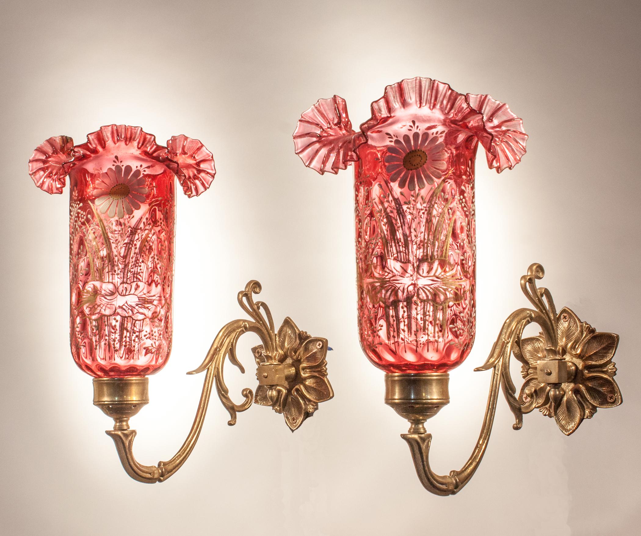 Anglo-Indian Pair of Cranberry Painted Glass Hurricane Shade Wall Sconces For Sale