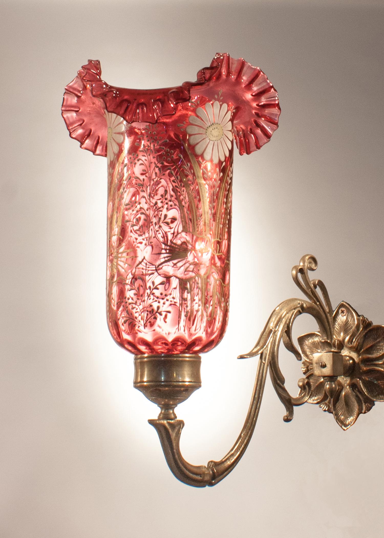 20th Century Pair of Cranberry Painted Glass Hurricane Shade Wall Sconces For Sale