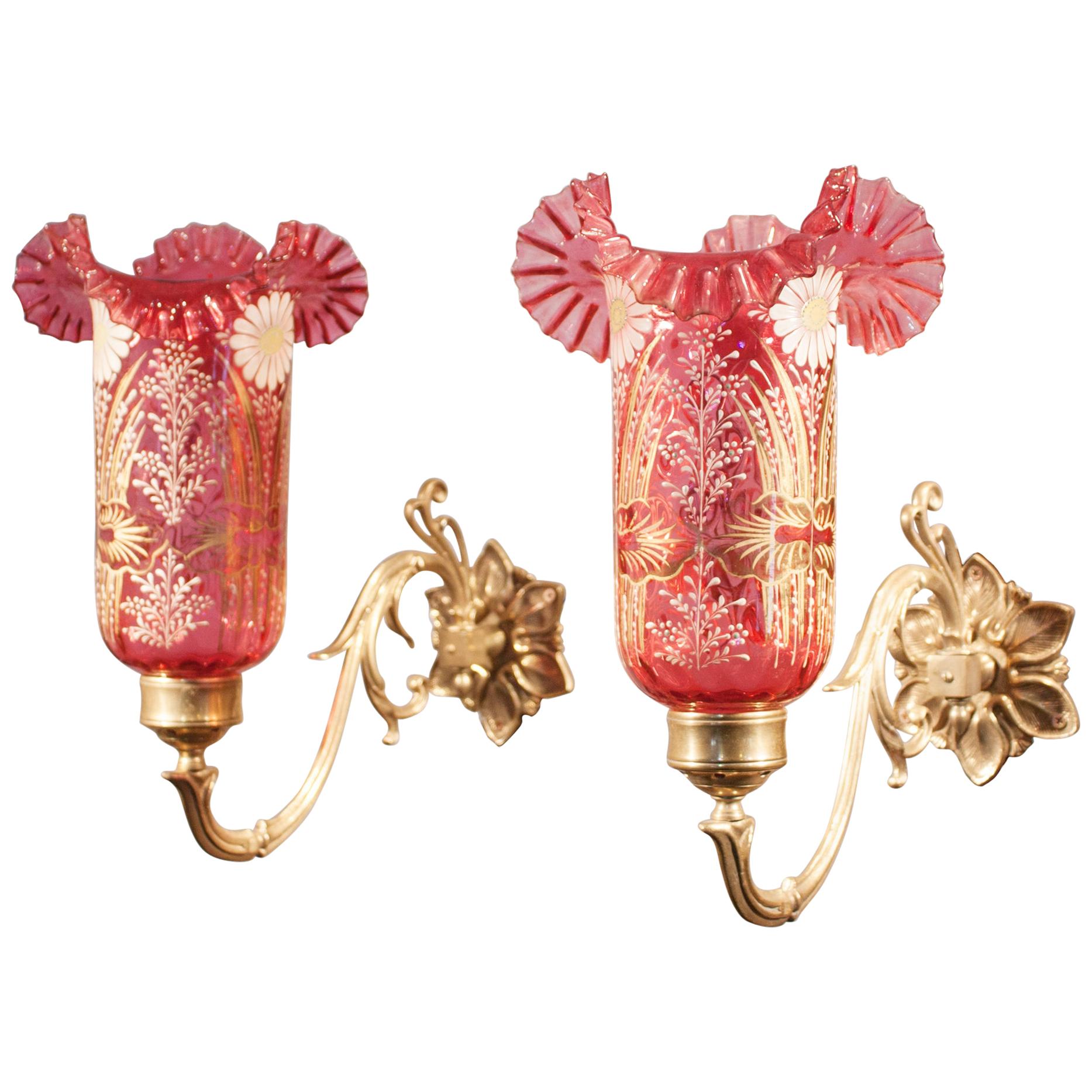 Pair of Cranberry Painted Glass Hurricane Shade Wall Sconces For Sale