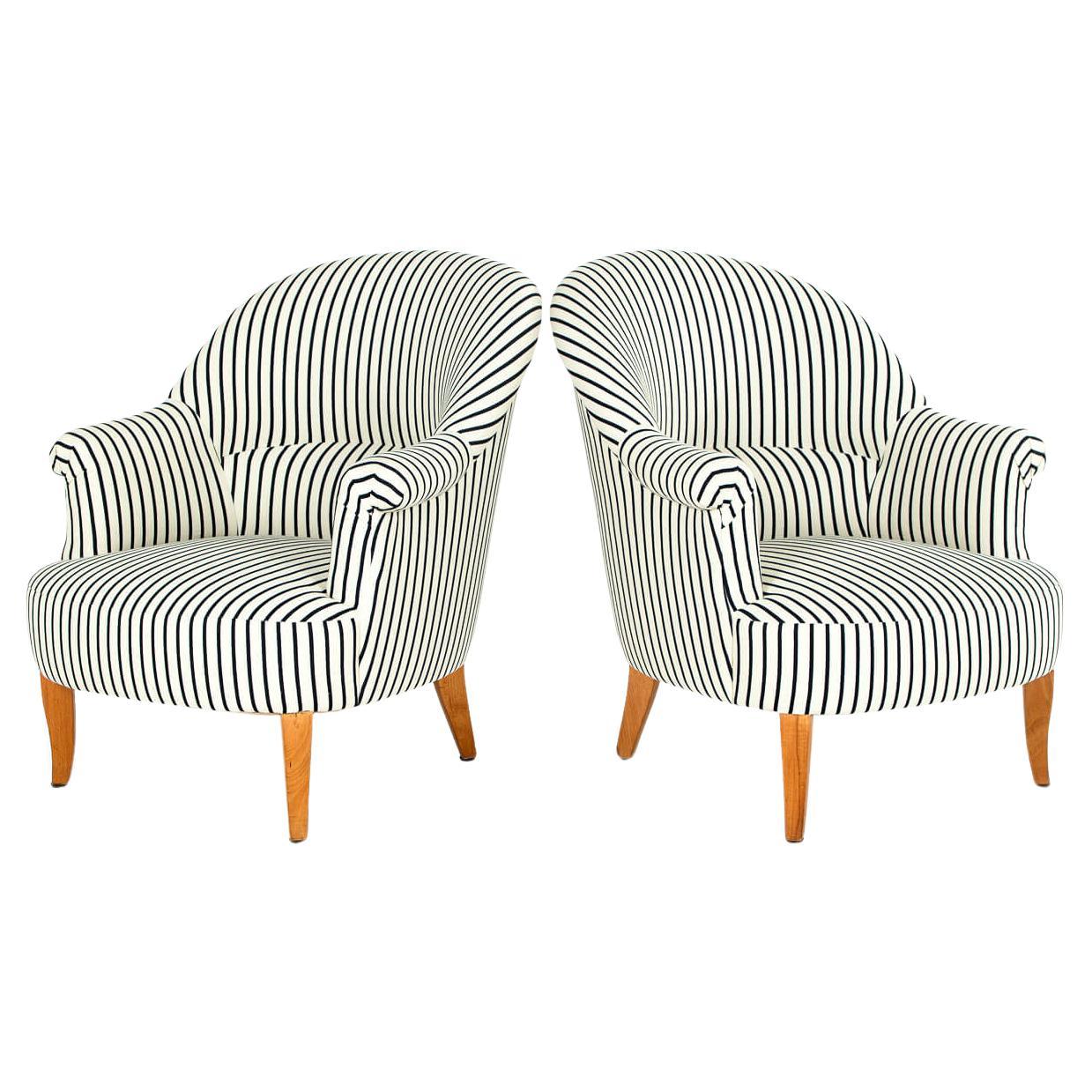 Pair of Crapaud armchairs in navy blue ticking