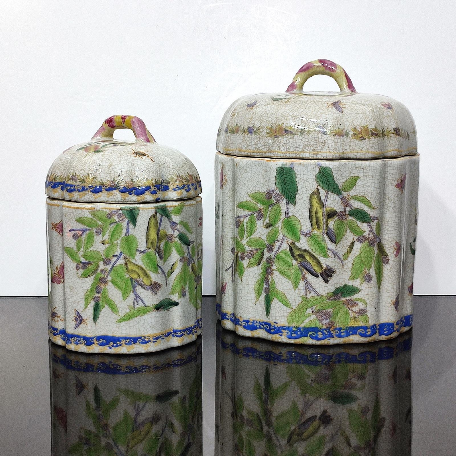 Late 20th Century Pair of Craqueled Ceramic Lidded Jars, Vintage from the 1990s - FREE SHIPPING For Sale