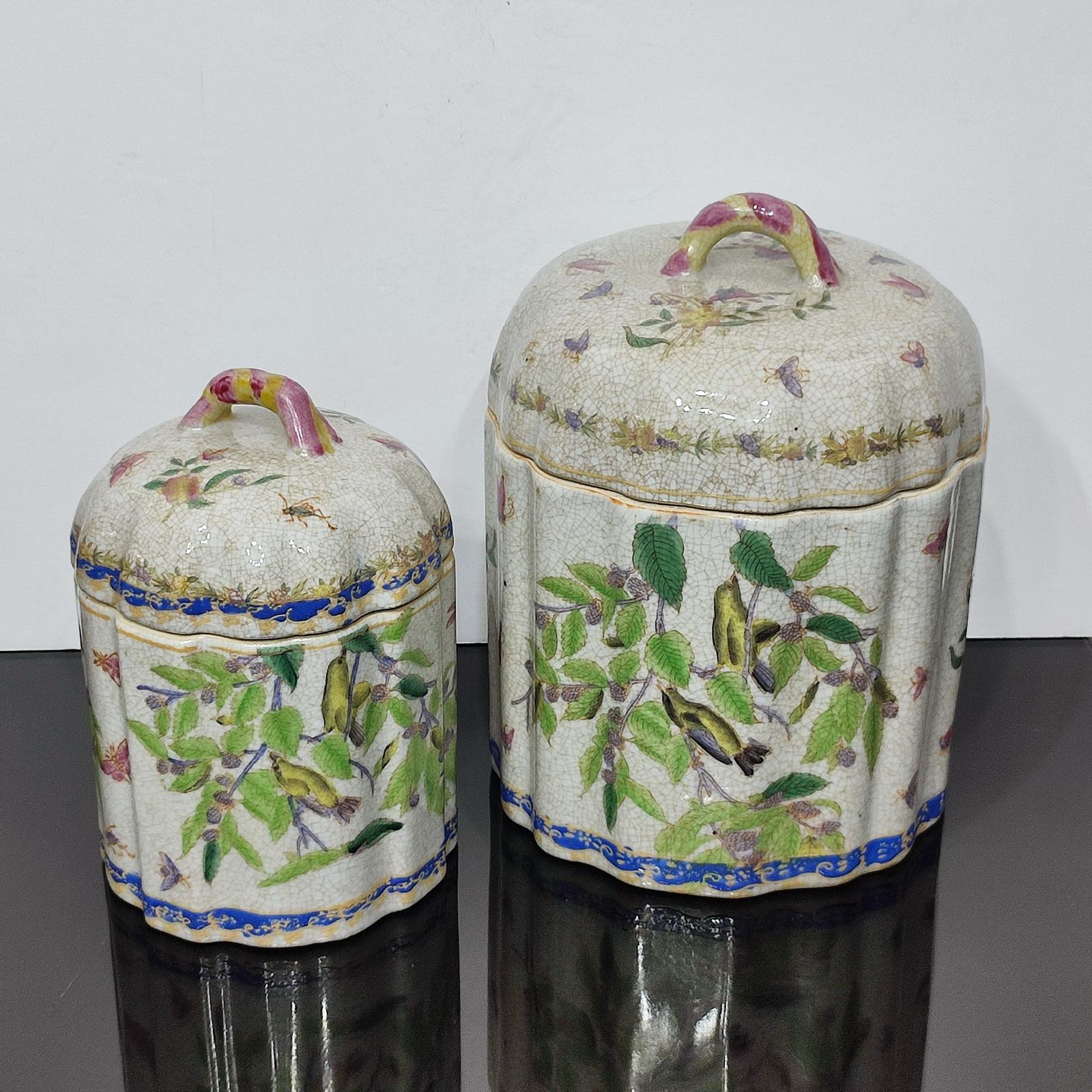 Porcelain Pair of Craqueled Ceramic Lidded Jars, Vintage from the 1990s - FREE SHIPPING For Sale