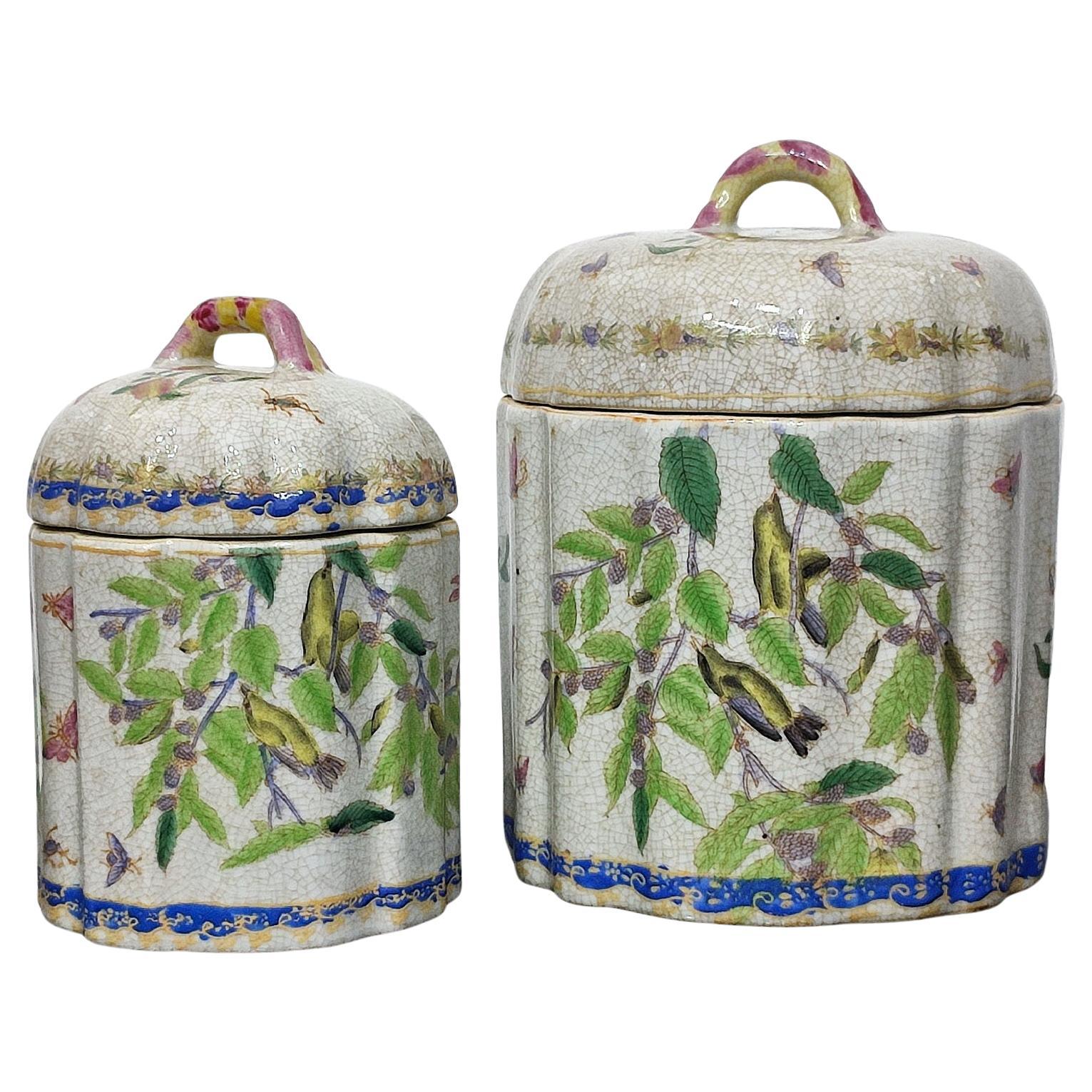 Pair of Craqueled Ceramic Lidded Jars, Vintage from the 1990s - FREE SHIPPING