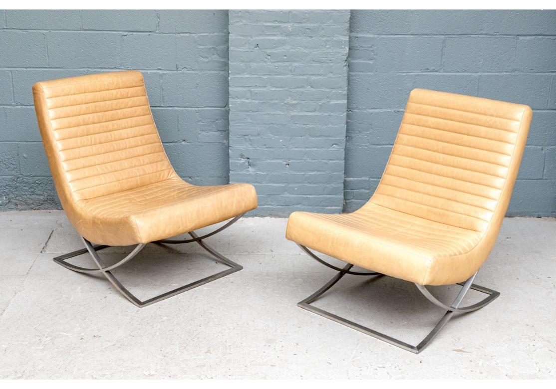 Pair Of Crate and Barrel Channel Tufted Leather Lounge Chairs (20. Jahrhundert) im Angebot