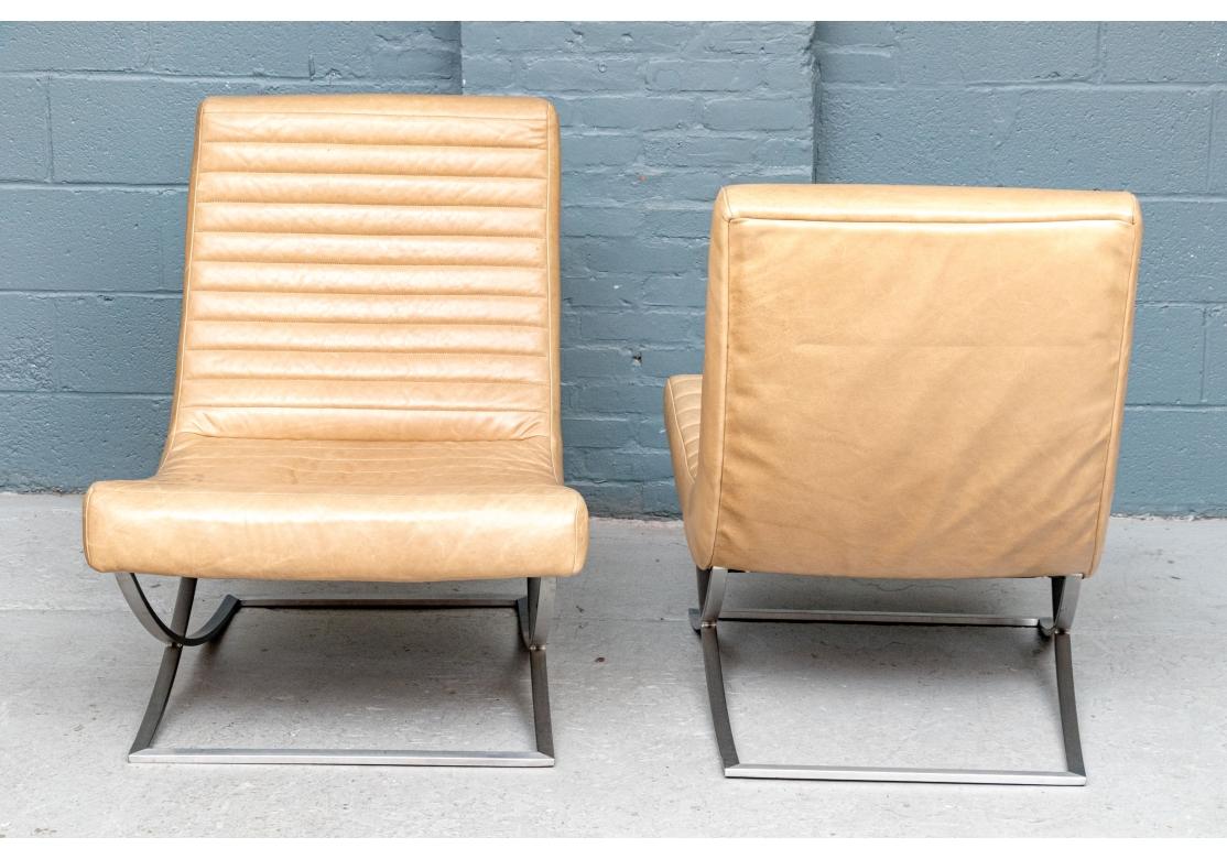 Pair Of Crate and Barrel Channel Tufted Leather Lounge Chairs im Angebot 1