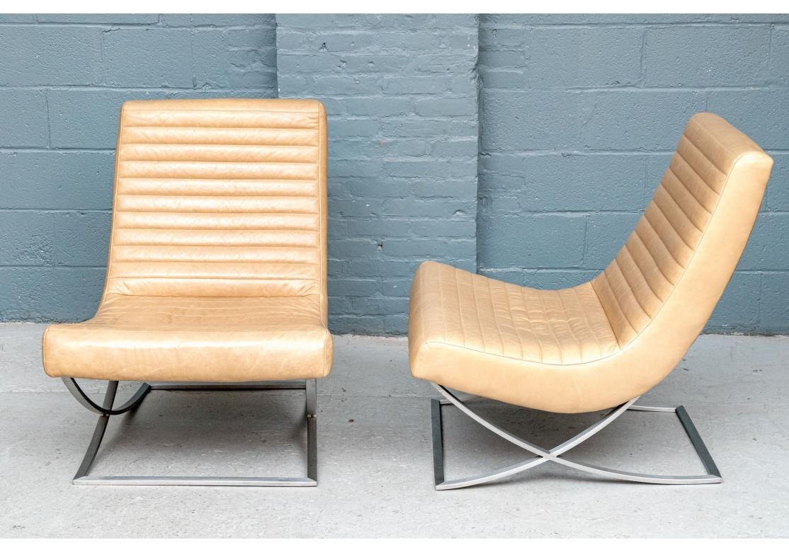 Pair Of Crate and Barrel Channel Tufted Leather Lounge Chairs im Angebot 2