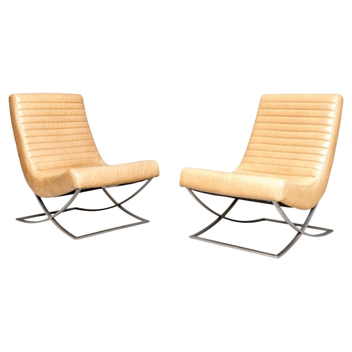 Pair Of Crate and Barrel Channel Tufted Leather Lounge Chairs im Angebot