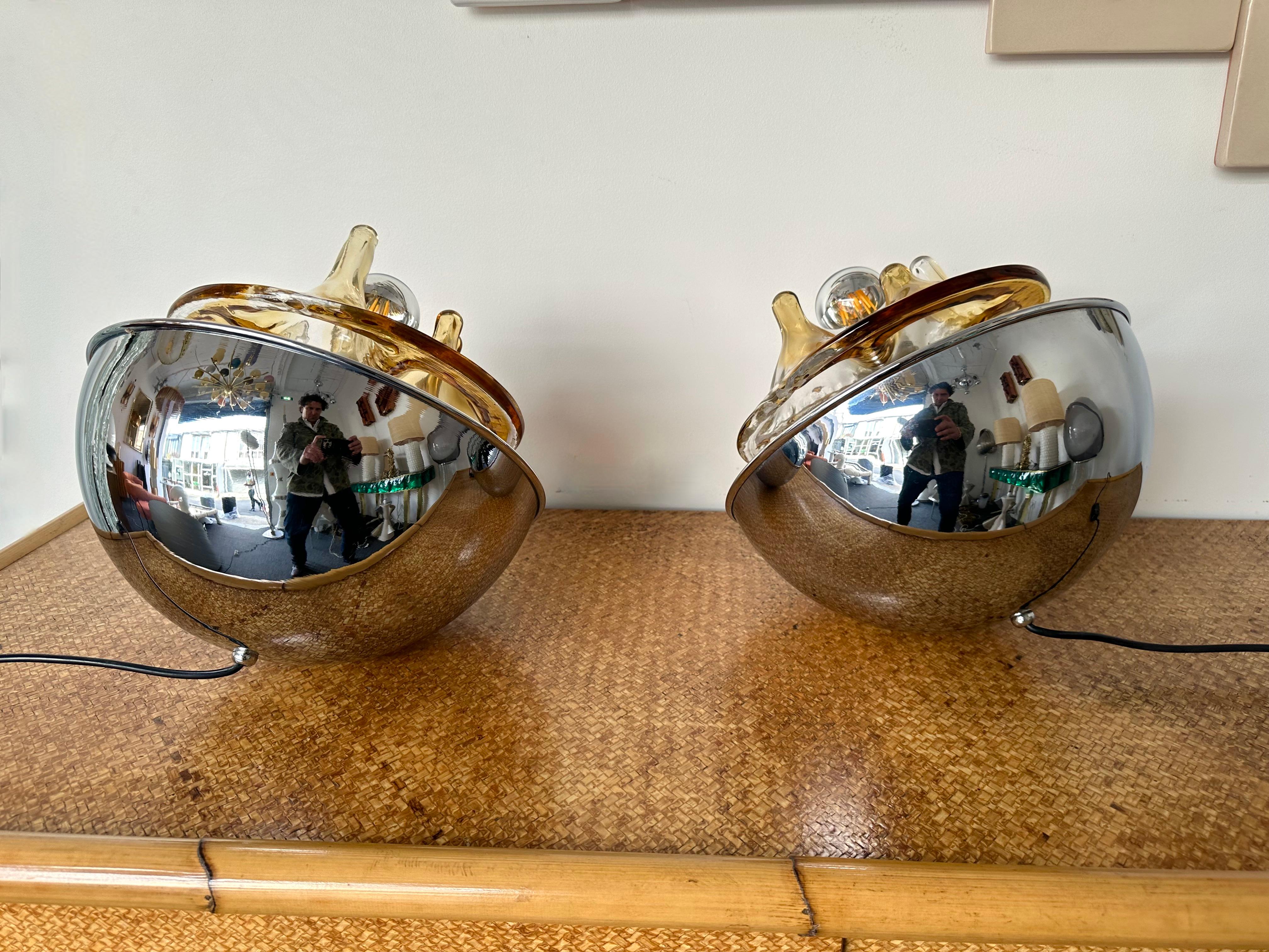 Pair of Crater Lamps Murano Glass Metal by Toni Zuccheri for Veart. Italy, 1970s For Sale 6