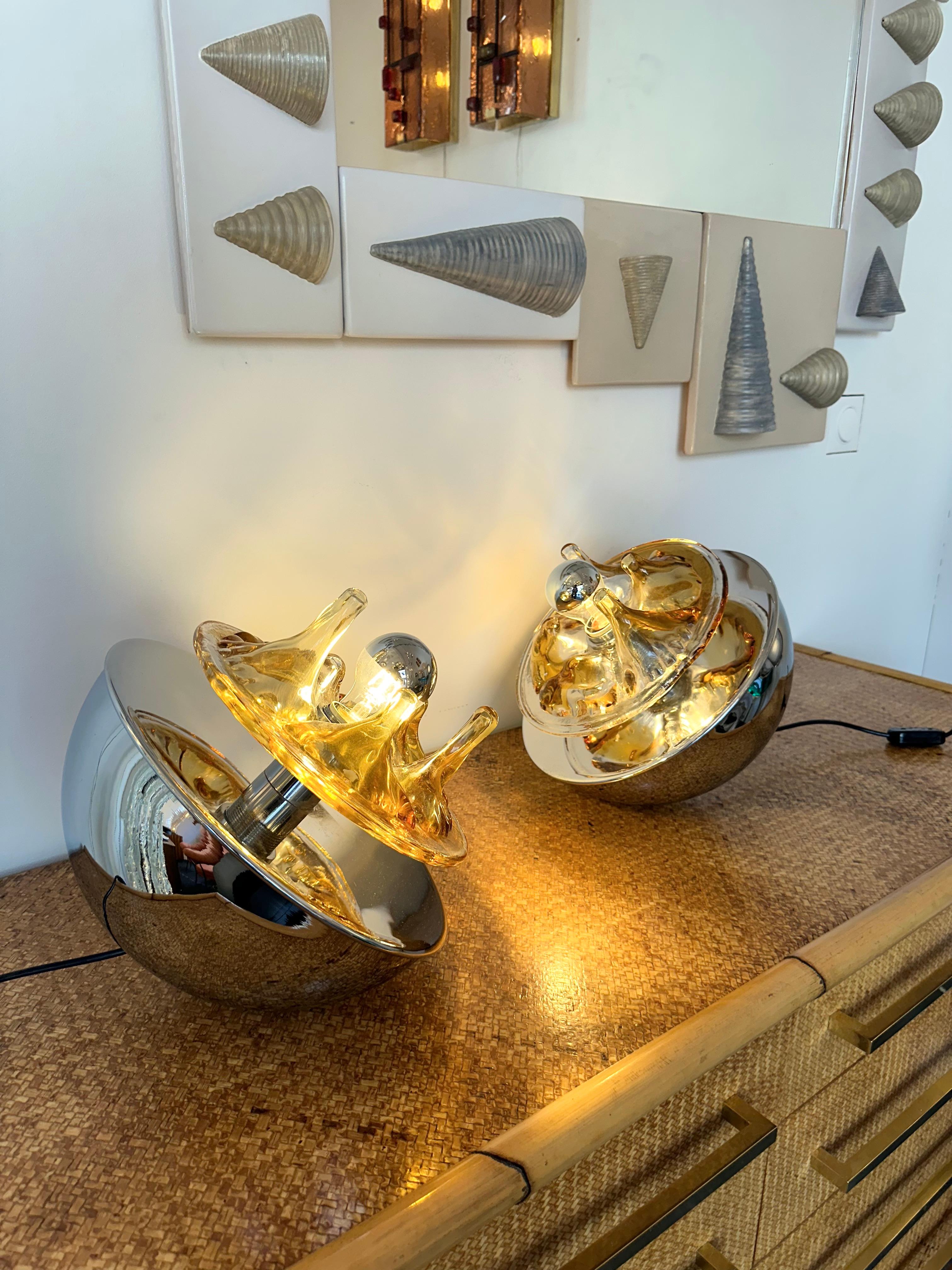 Pair of Crater Lamps Murano Glass Metal by Toni Zuccheri for Veart. Italy, 1970s For Sale 1