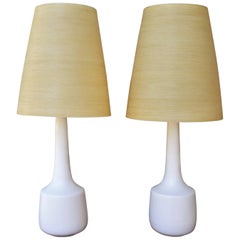 Pair of Cream Ceramic Lotte & Gunnar Bostlund Lamps with Fiberglass Shades