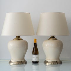 Pair of Cream Crackle-Glaze Ceramic Ginger Jar Table Lamps, France, 1980s