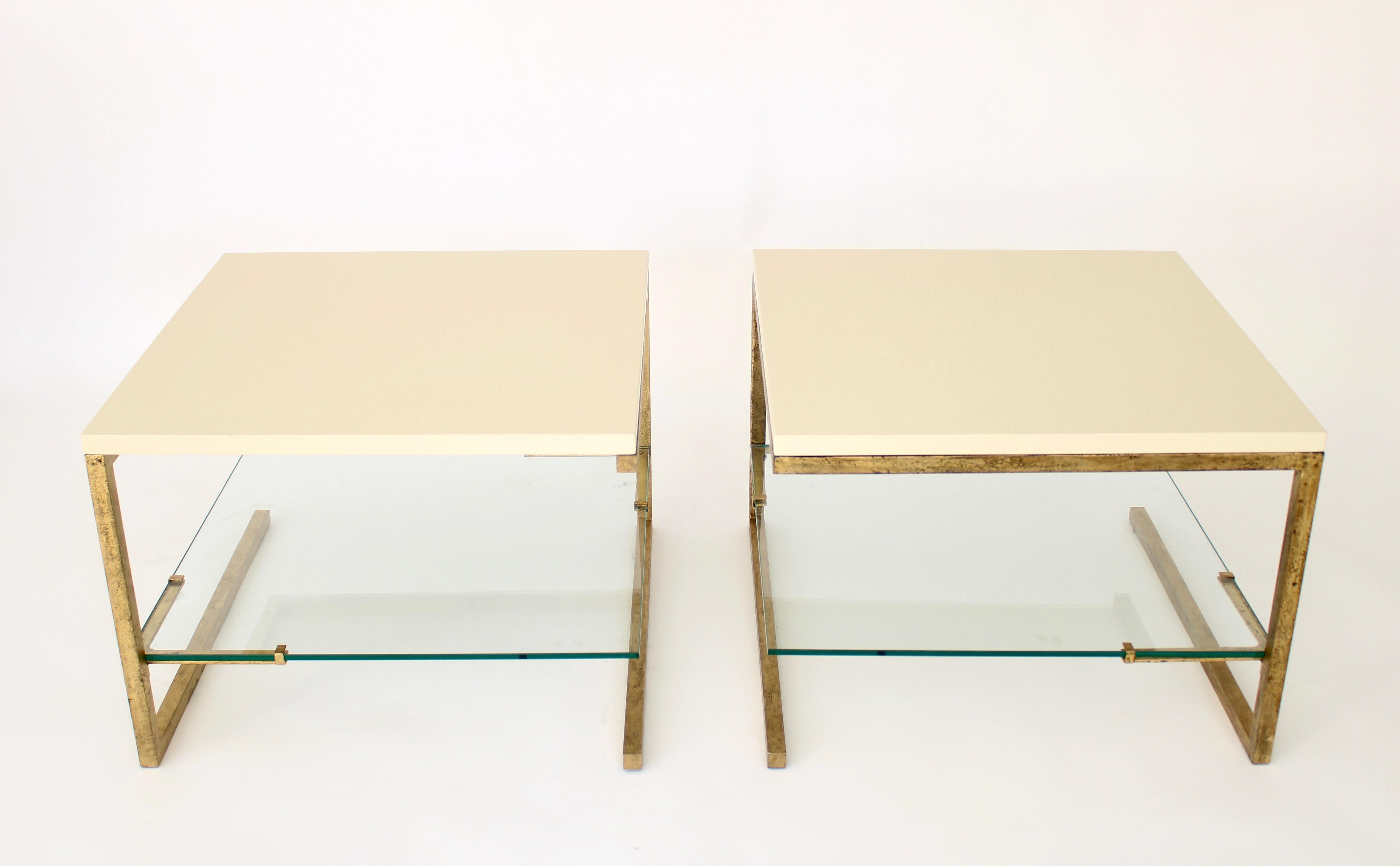 Mid-Century Modern  Maison Ramsay Side Tables Pair of Cream Lacquered Top Gilded Iron Frame Work