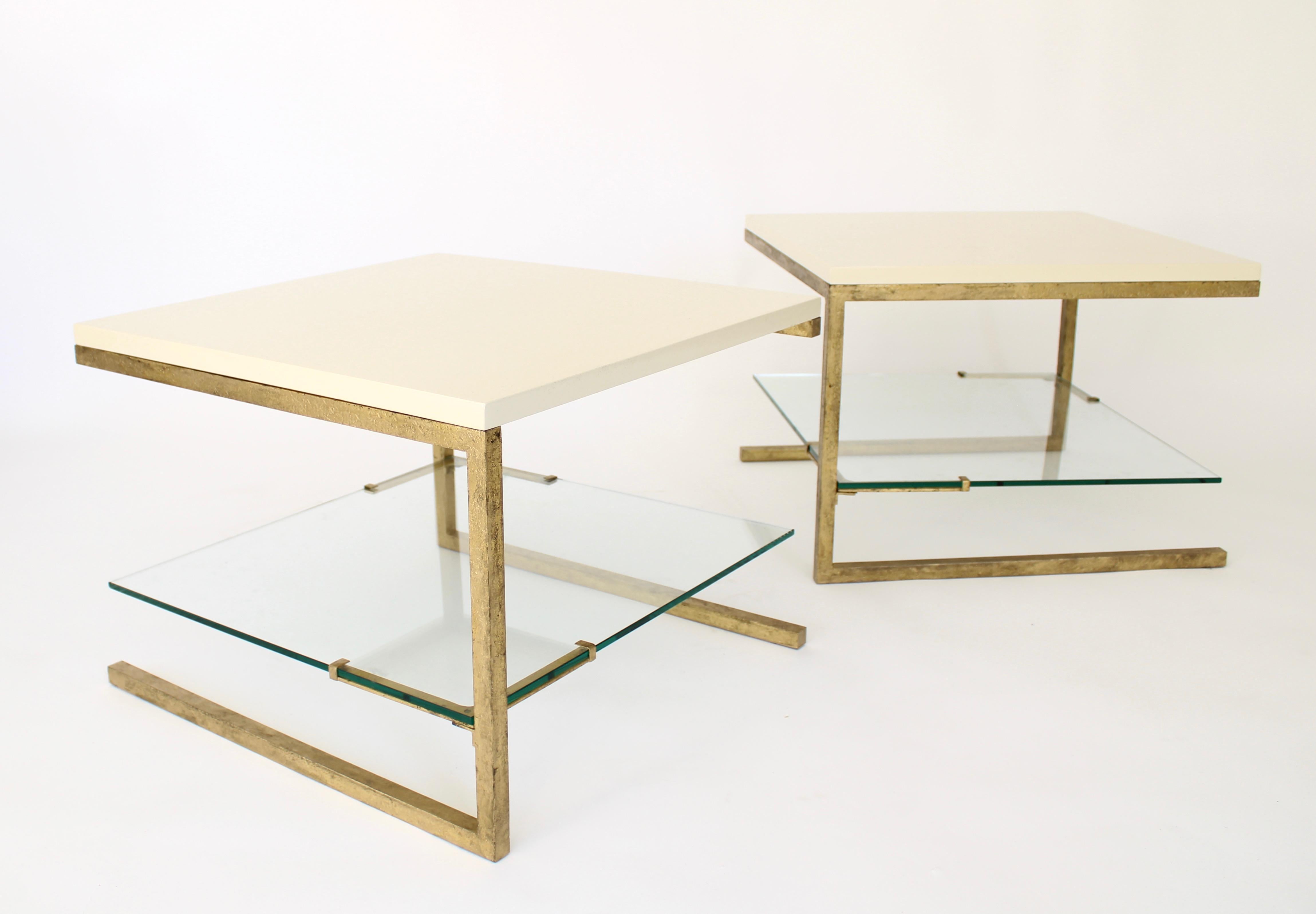  Maison Ramsay Side Tables Pair of Cream Lacquered Top Gilded Iron Frame Work 1