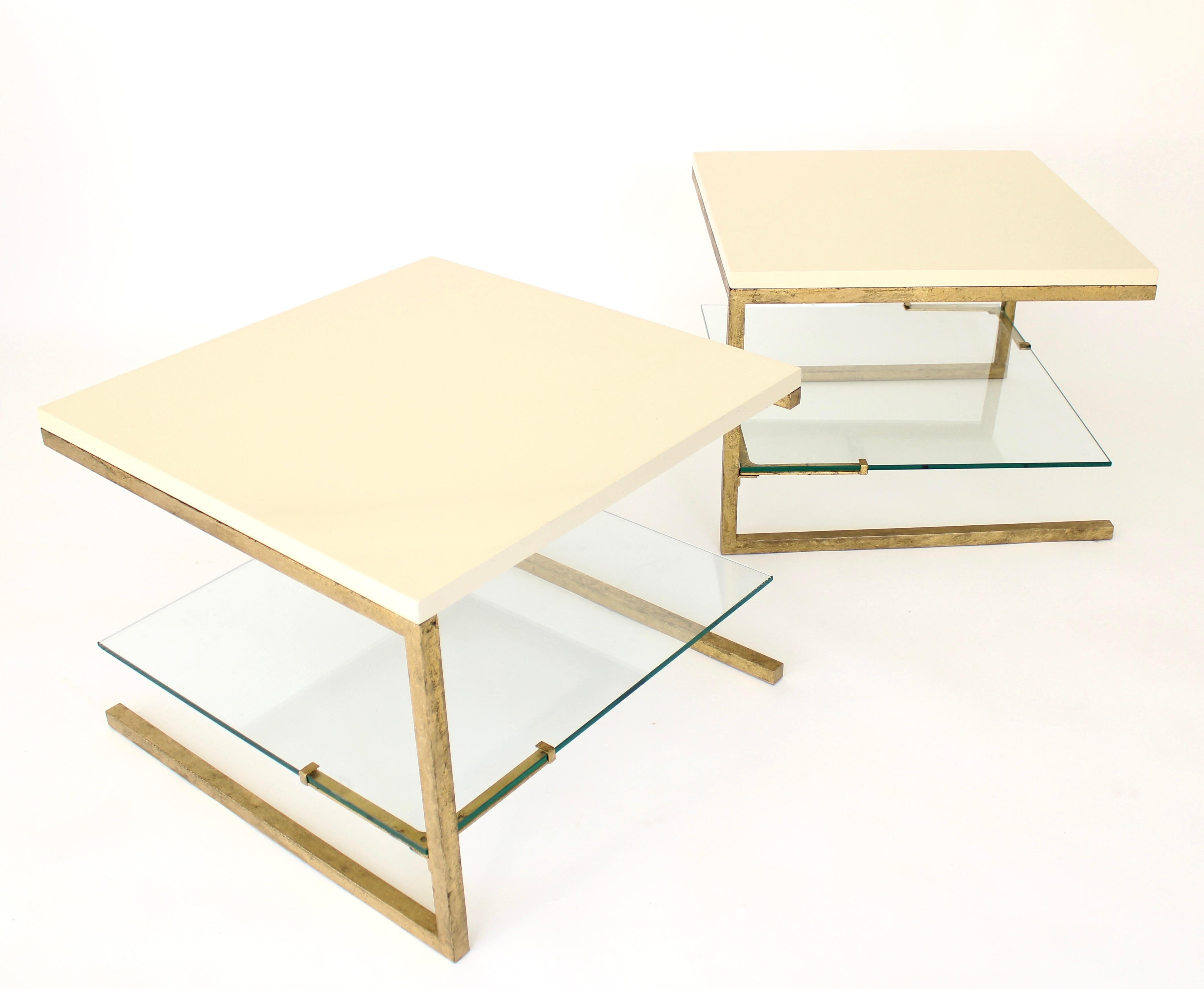  Maison Ramsay Side Tables Pair of Cream Lacquered Top Gilded Iron Frame Work 2