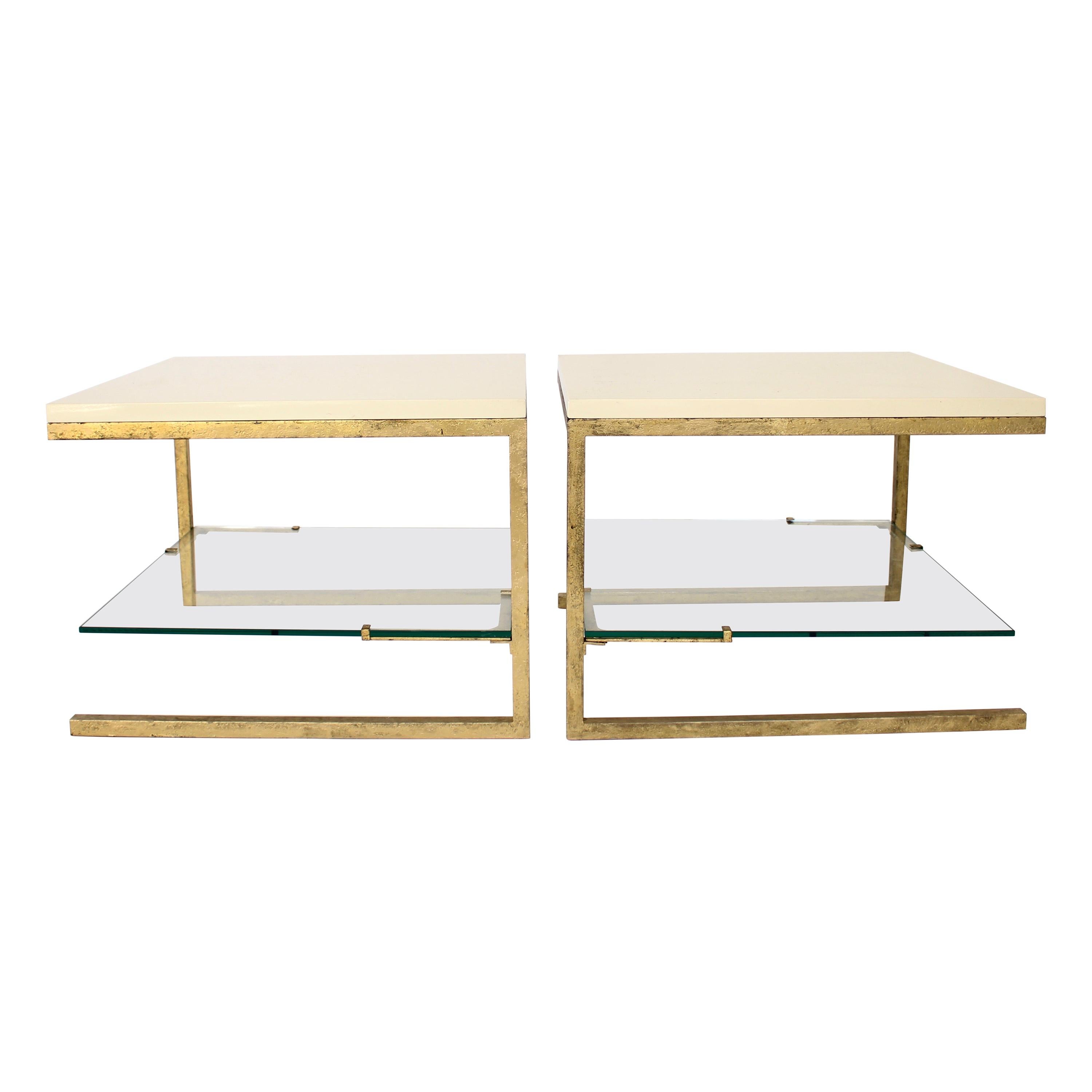  Maison Ramsay Side Tables Pair of Cream Lacquered Top Gilded Iron Frame Work