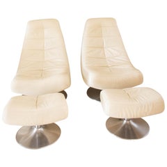 Pair of Cream Leather Lounge Chairs with Ottomans French, circa 1980
