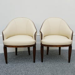 Pair of Cream Leather Upholstered French Art Deco Tub Chairs
