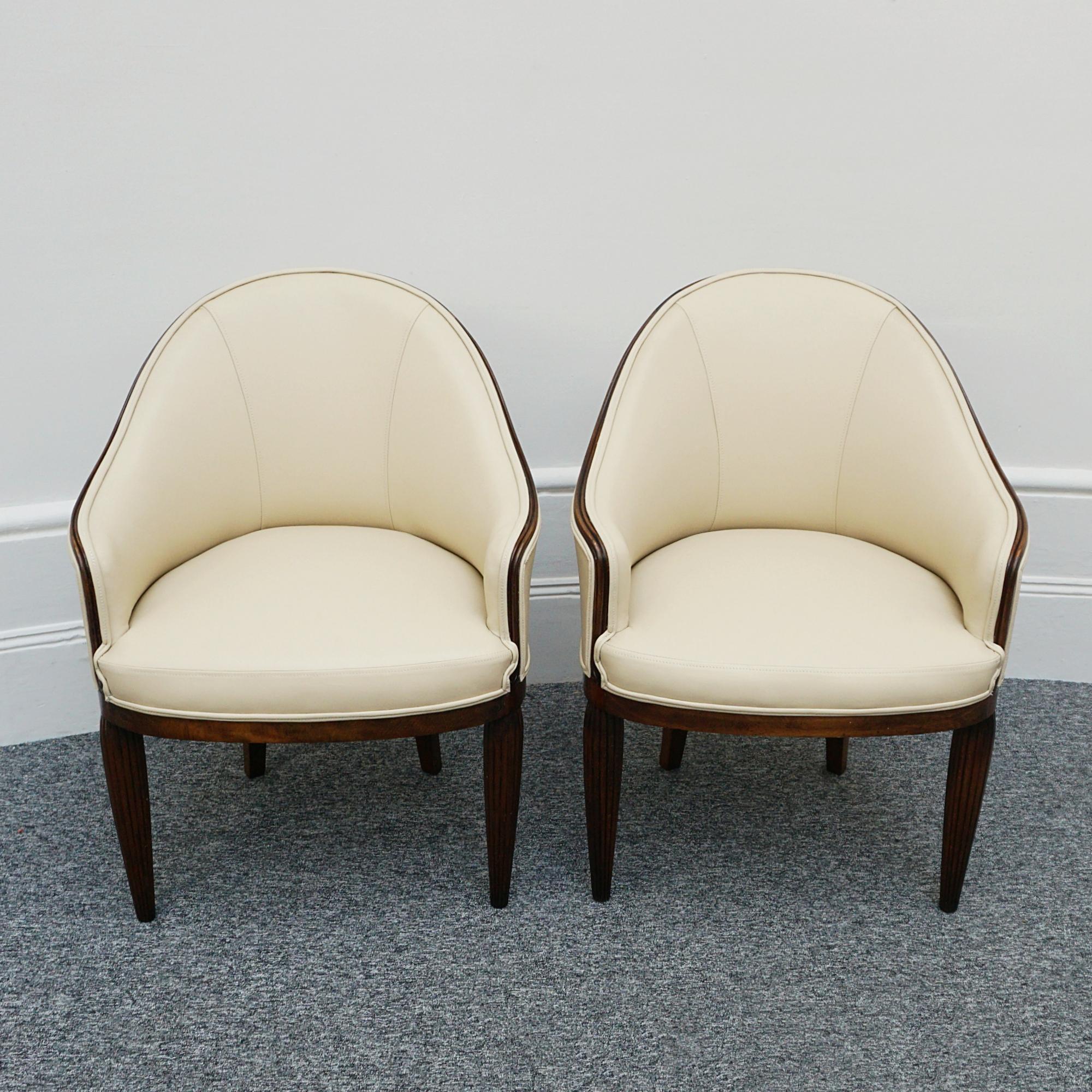 Pair of Cream Leather Upholstered French Art Deco Tub Chairs 1