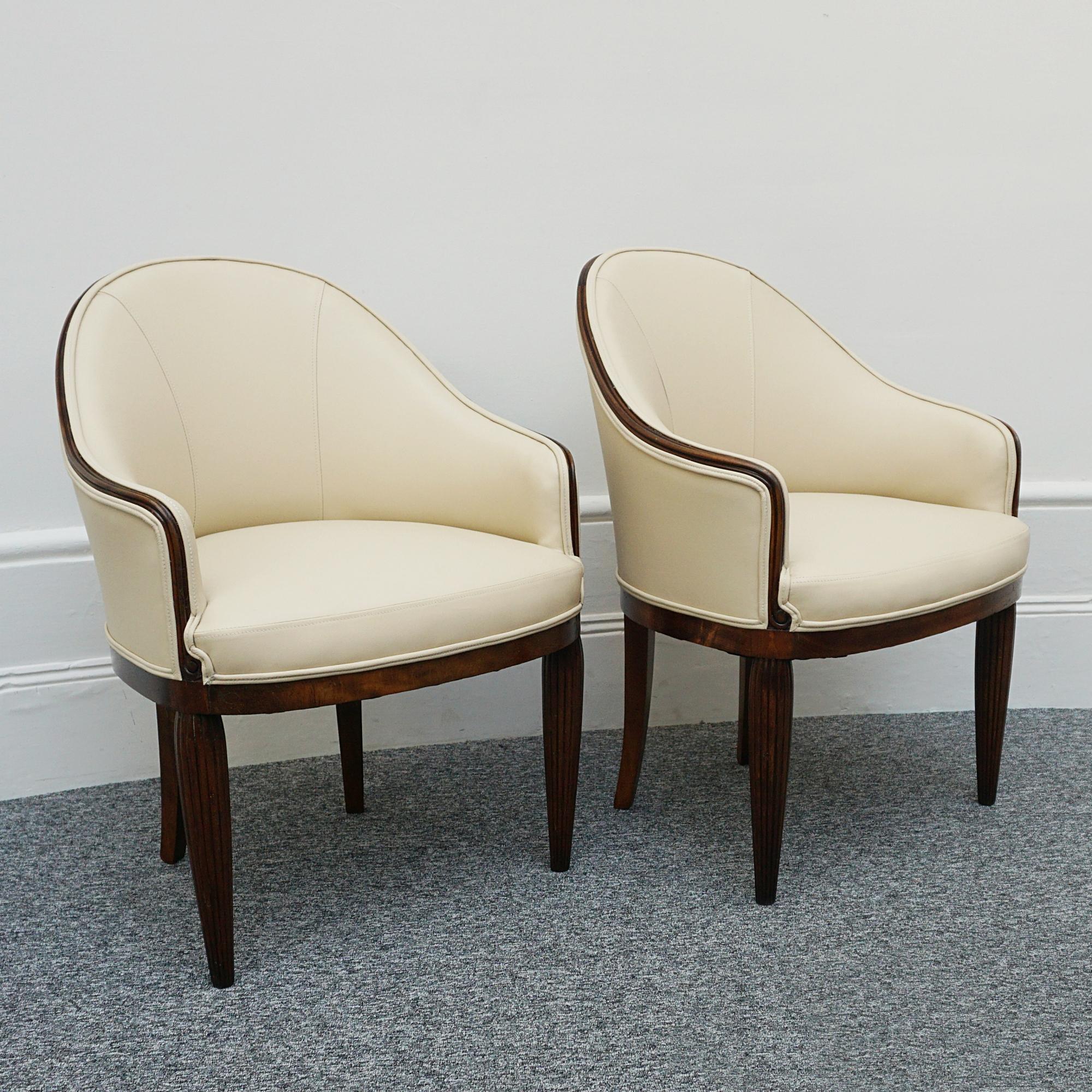 Pair of Cream Leather Upholstered French Art Deco Tub Chairs 2
