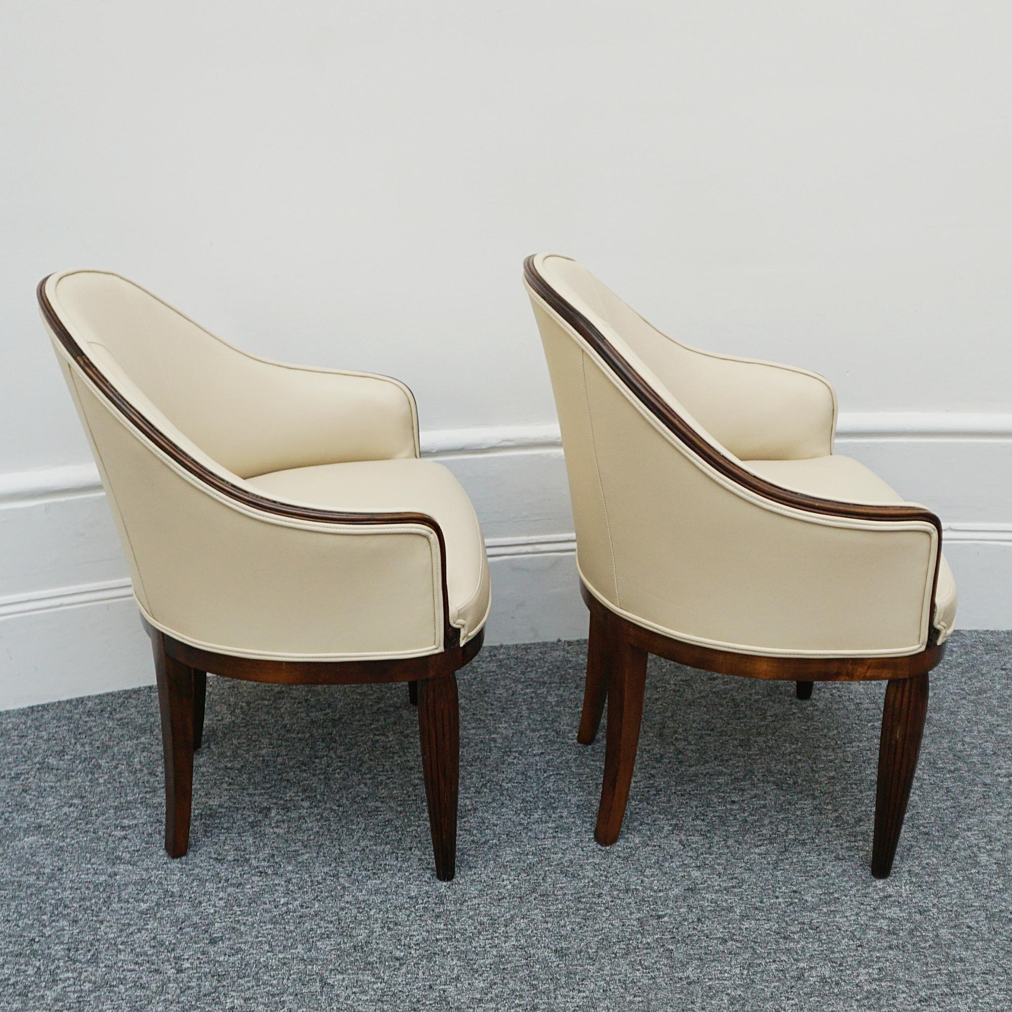 Pair of Cream Leather Upholstered French Art Deco Tub Chairs 4