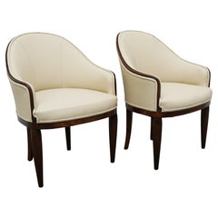 Pair of Cream Leather Upholstered French Art Deco Tub Chairs