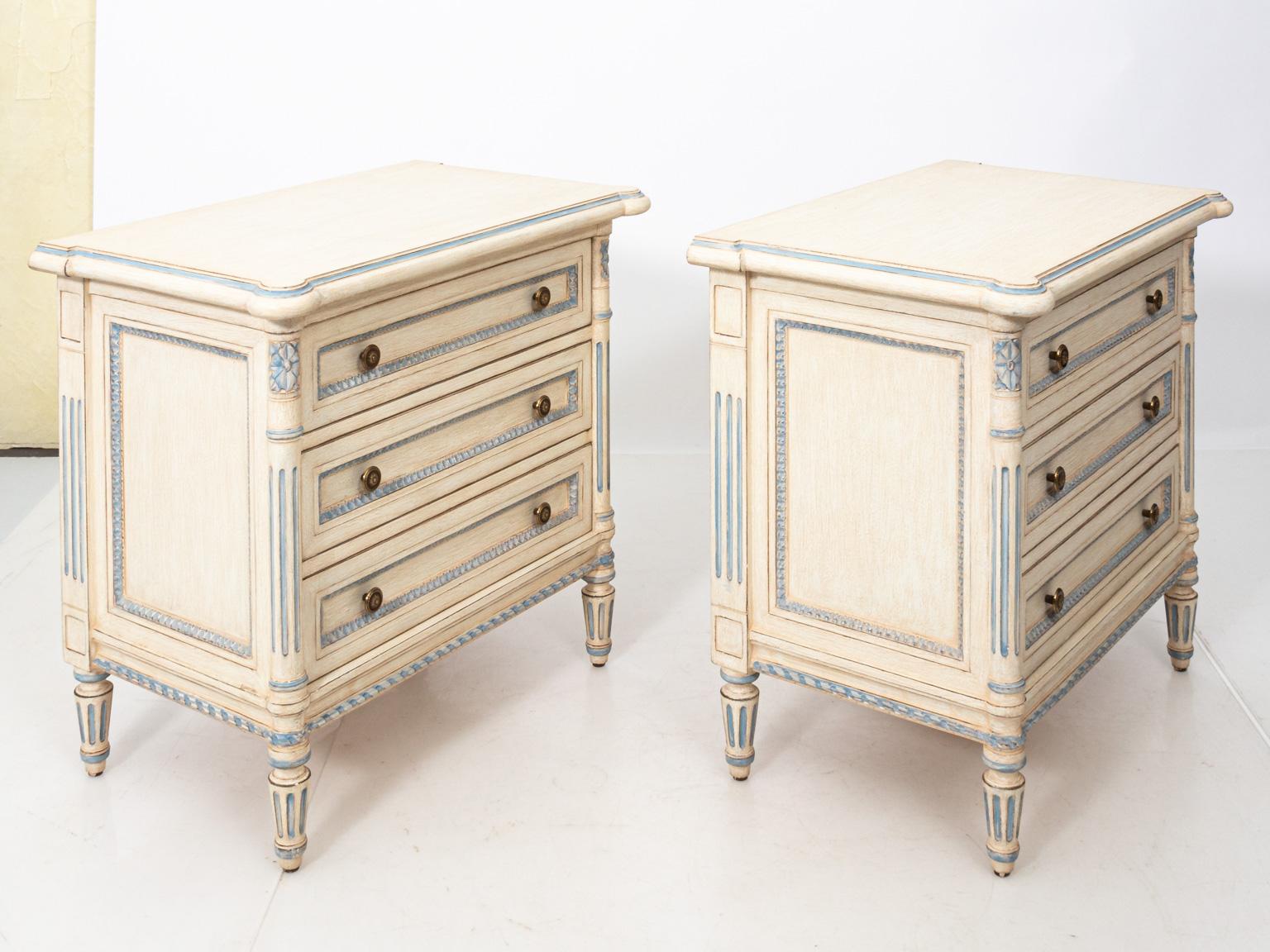 American Pair of Cream Painted Commodes with Blue Trim