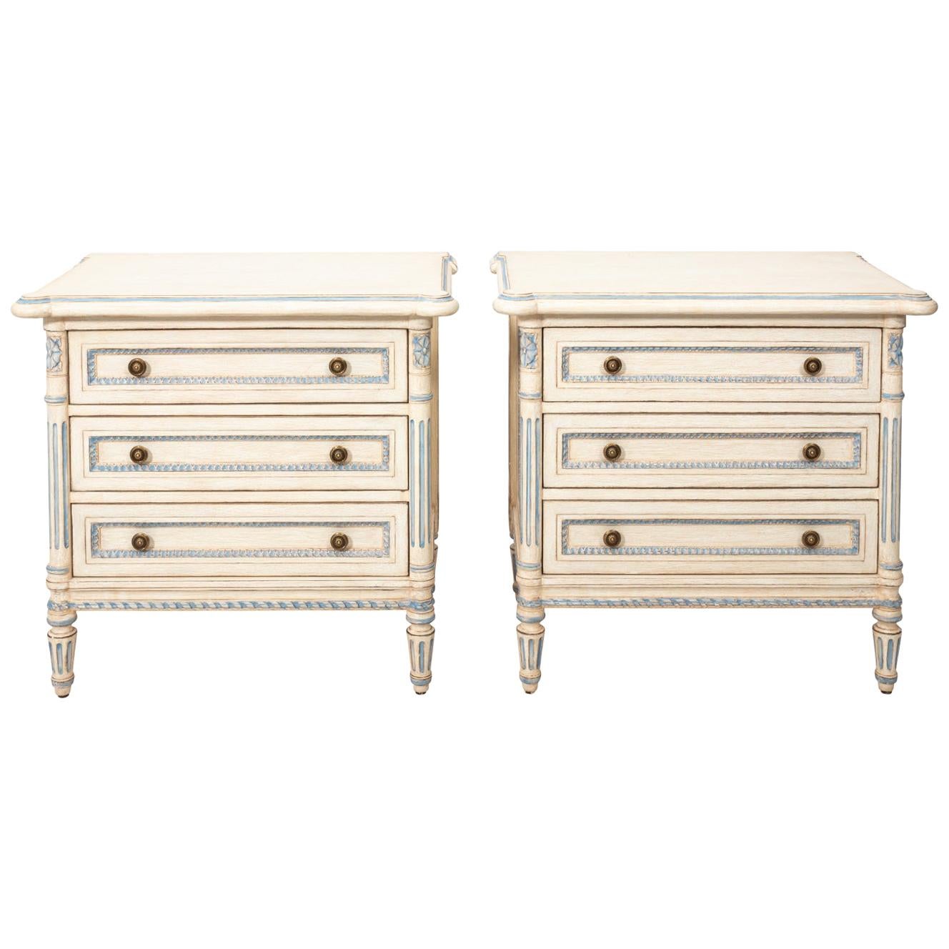 Pair of Cream Painted Commodes with Blue Trim