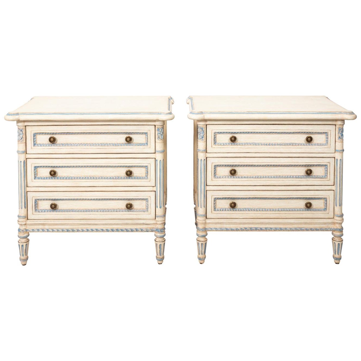 Pair Of Cream Painted Commodes With Blue Trim At 1stdibs