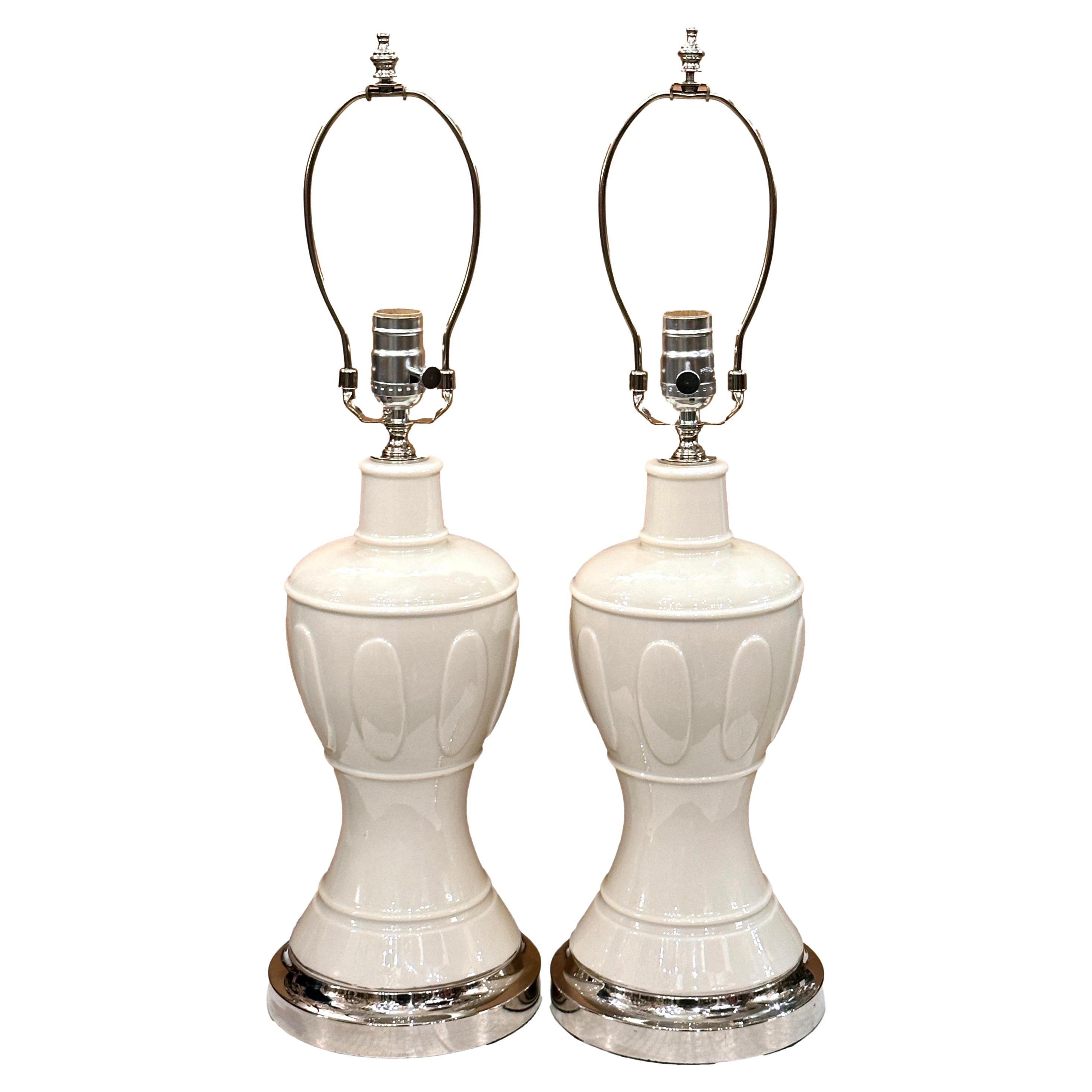 Pair of Cream Porcelain Table Lamps For Sale