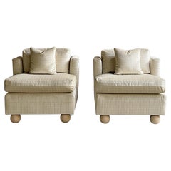 Pair of Cream Tile Mohair Chairs with Oak Ball Feet