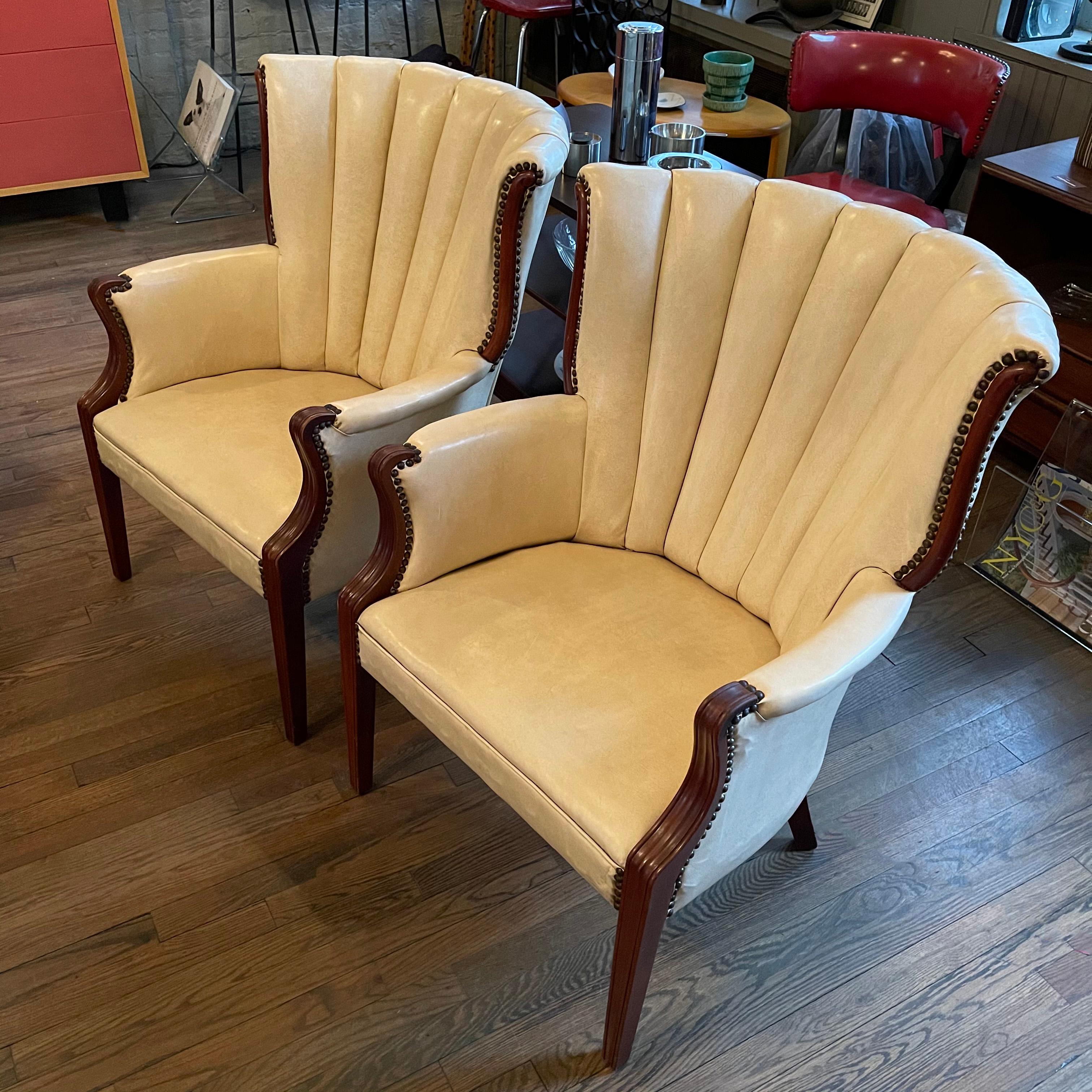 American Pair of Cream Vinyl Mahogany Wingback Armchairs