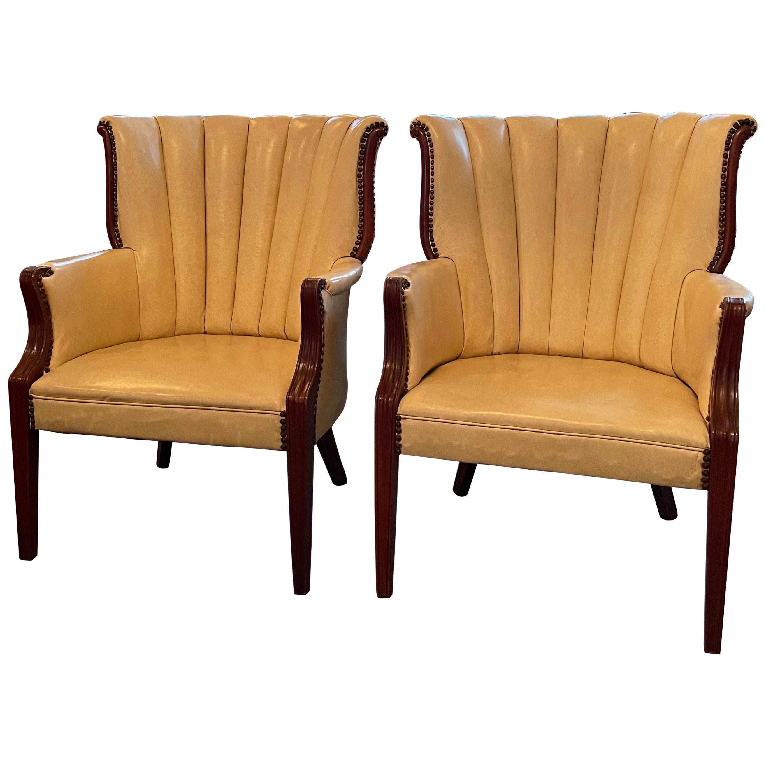 Pair of Cream Vinyl Mahogany Wingback Armchairs