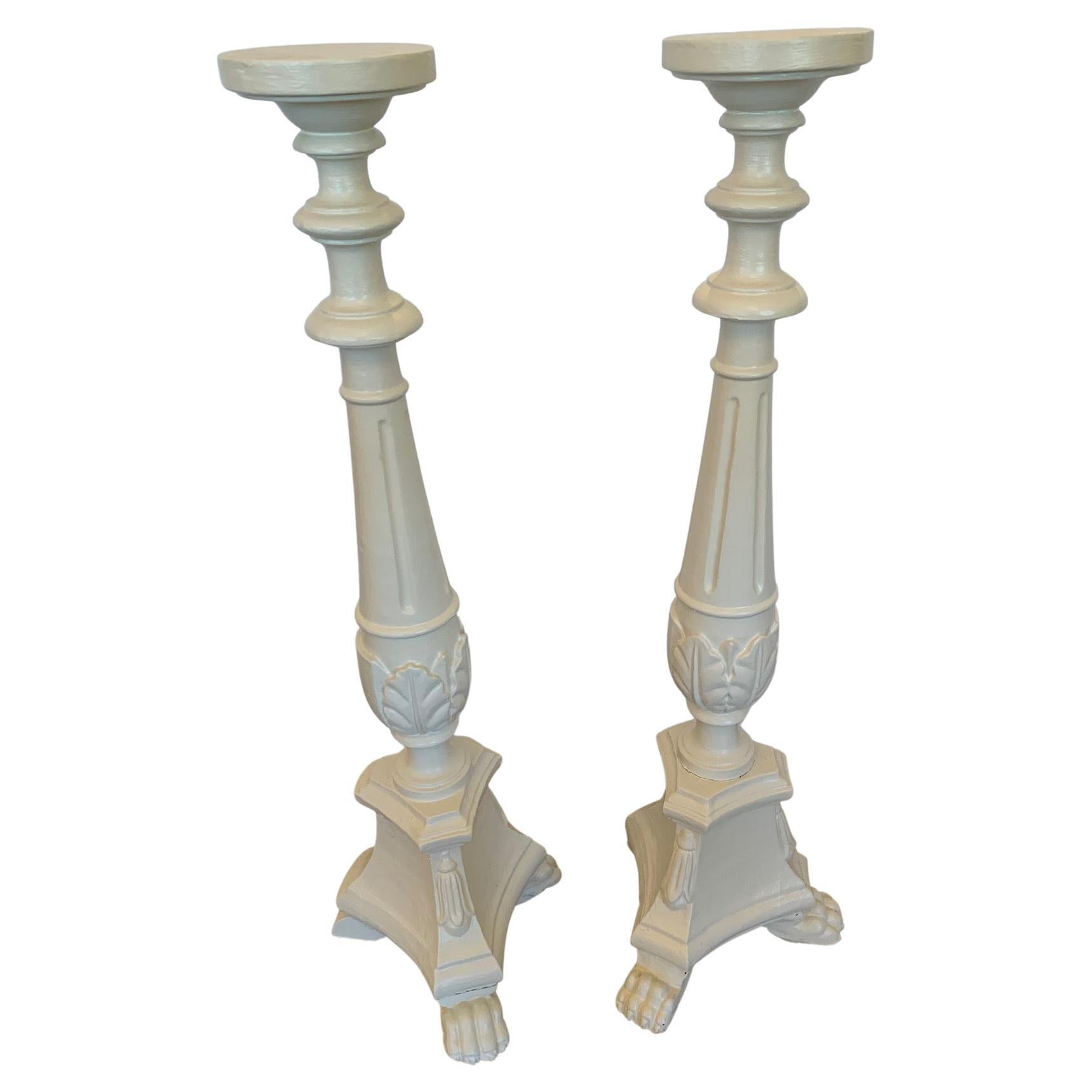 Pair of Creamy Painted Carved Wood Candlesticks For Sale