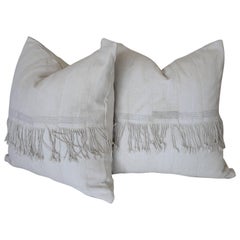Pair of Creamy White African Mudcloth Pillows with Original Fringe Accents