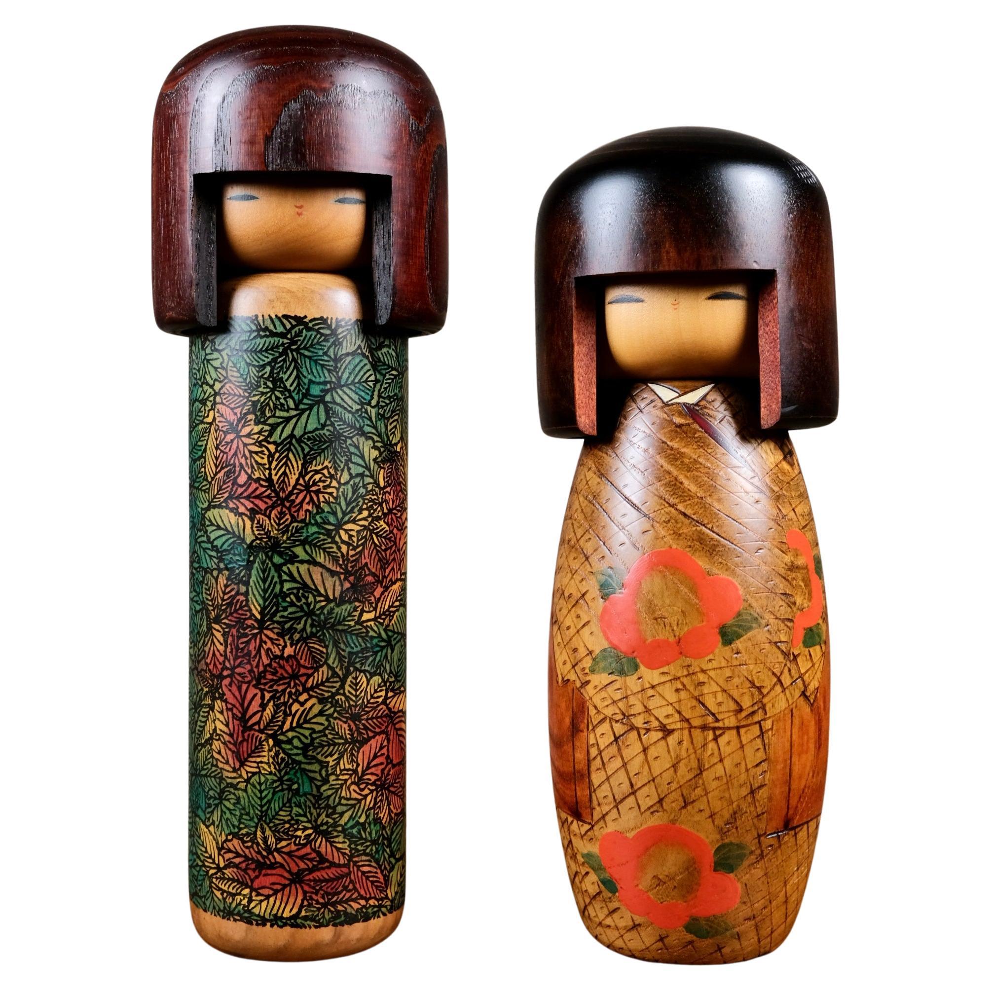 Pareja de Kokeshi creativas de Usaburo, Japón, años 90