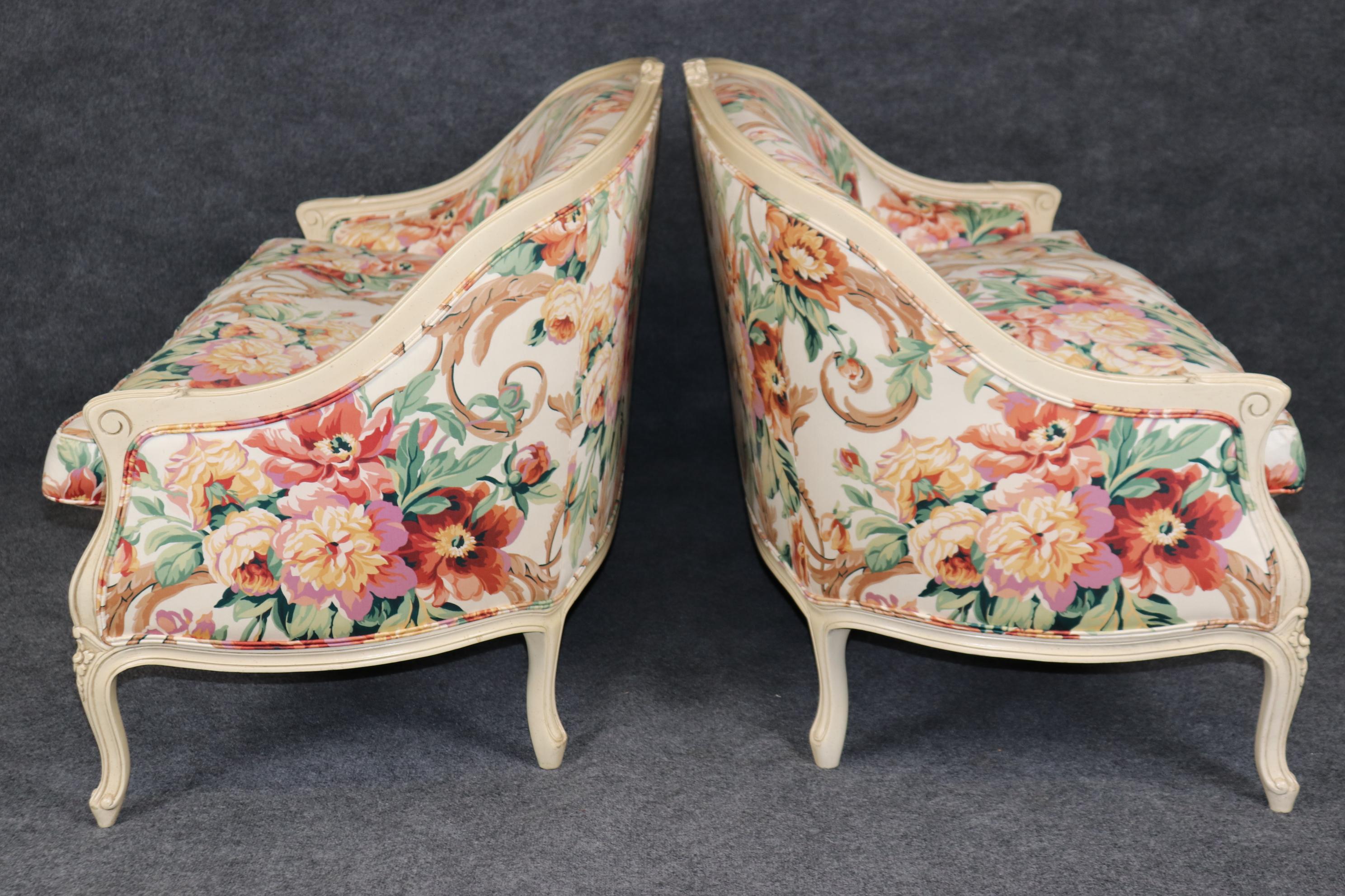 Mid-20th Century Pair of Creme Paint Decorated Floral Upholstered French Louis XV Settees For Sale