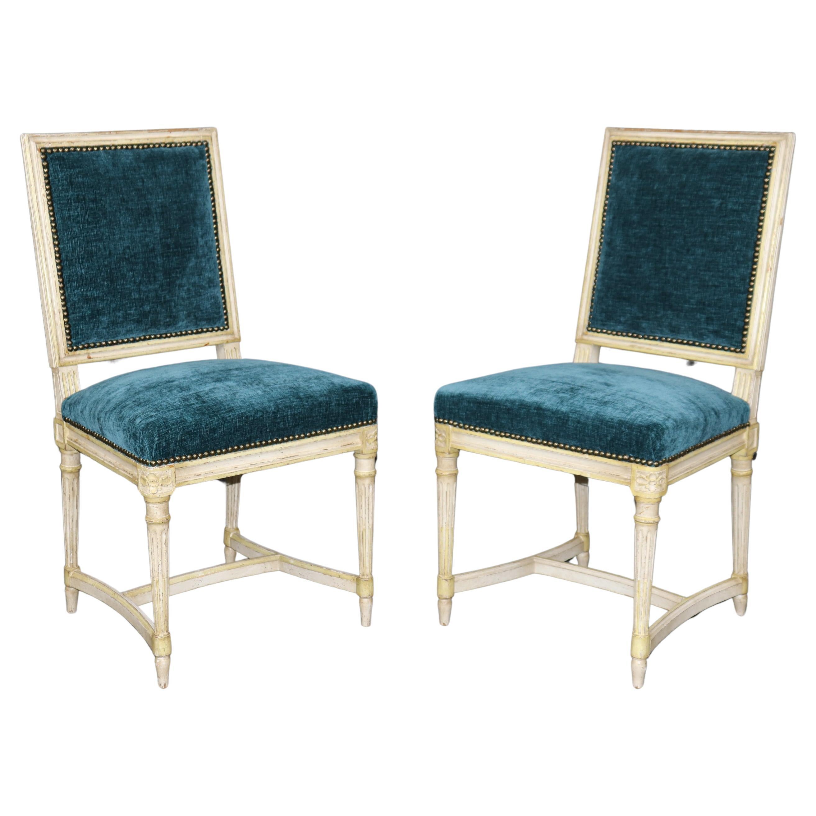 Pair of Creme Painted Distressed French Louis XVI Style Side Chairs