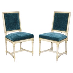 Pair of Creme Painted Distressed French Louis XVI Style Side Chairs