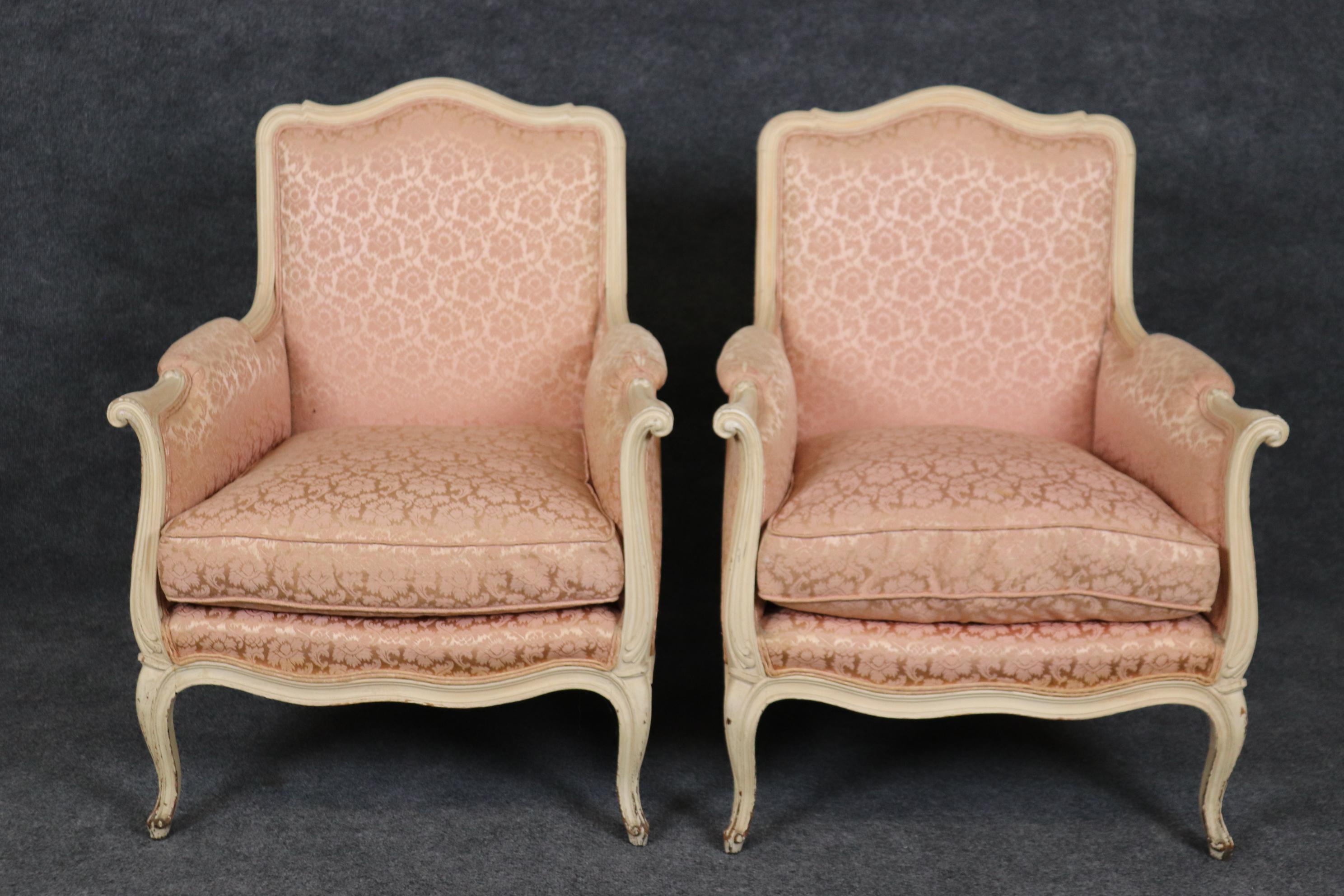 Unknown Pair of Creme Painted Rose Blush Hued French Louis XV Bergere Chairs