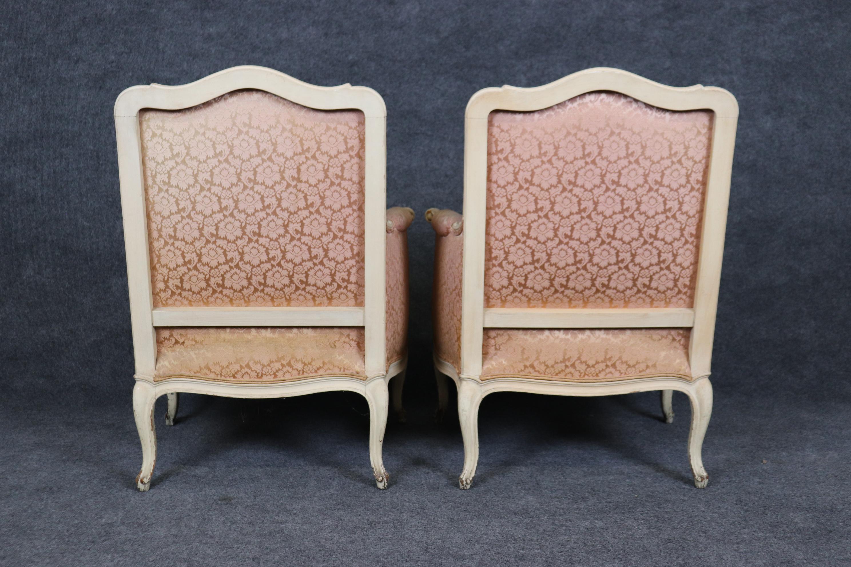 Walnut Pair of Creme Painted Rose Blush Hued French Louis XV Bergere Chairs