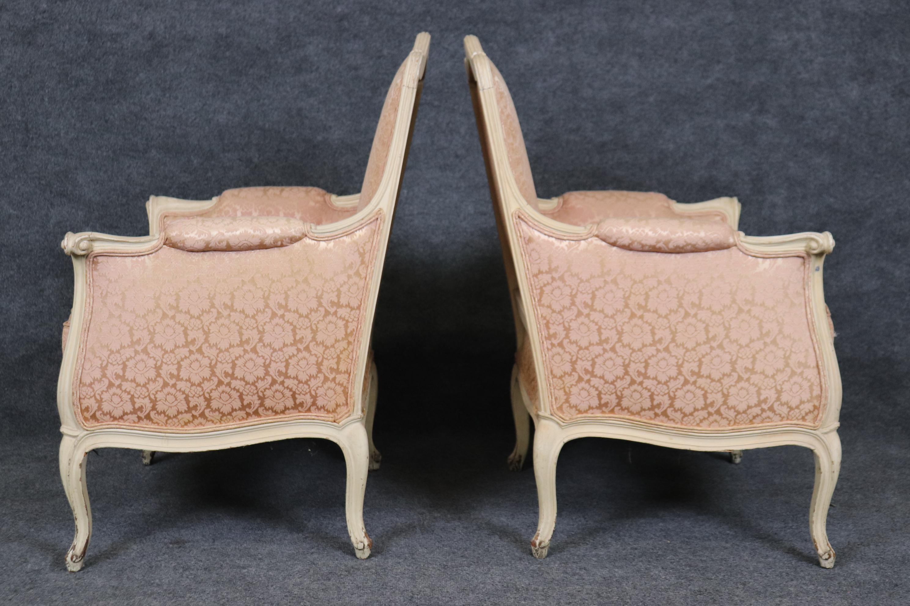 Pair of Creme Painted Rose Blush Hued French Louis XV Bergere Chairs 1