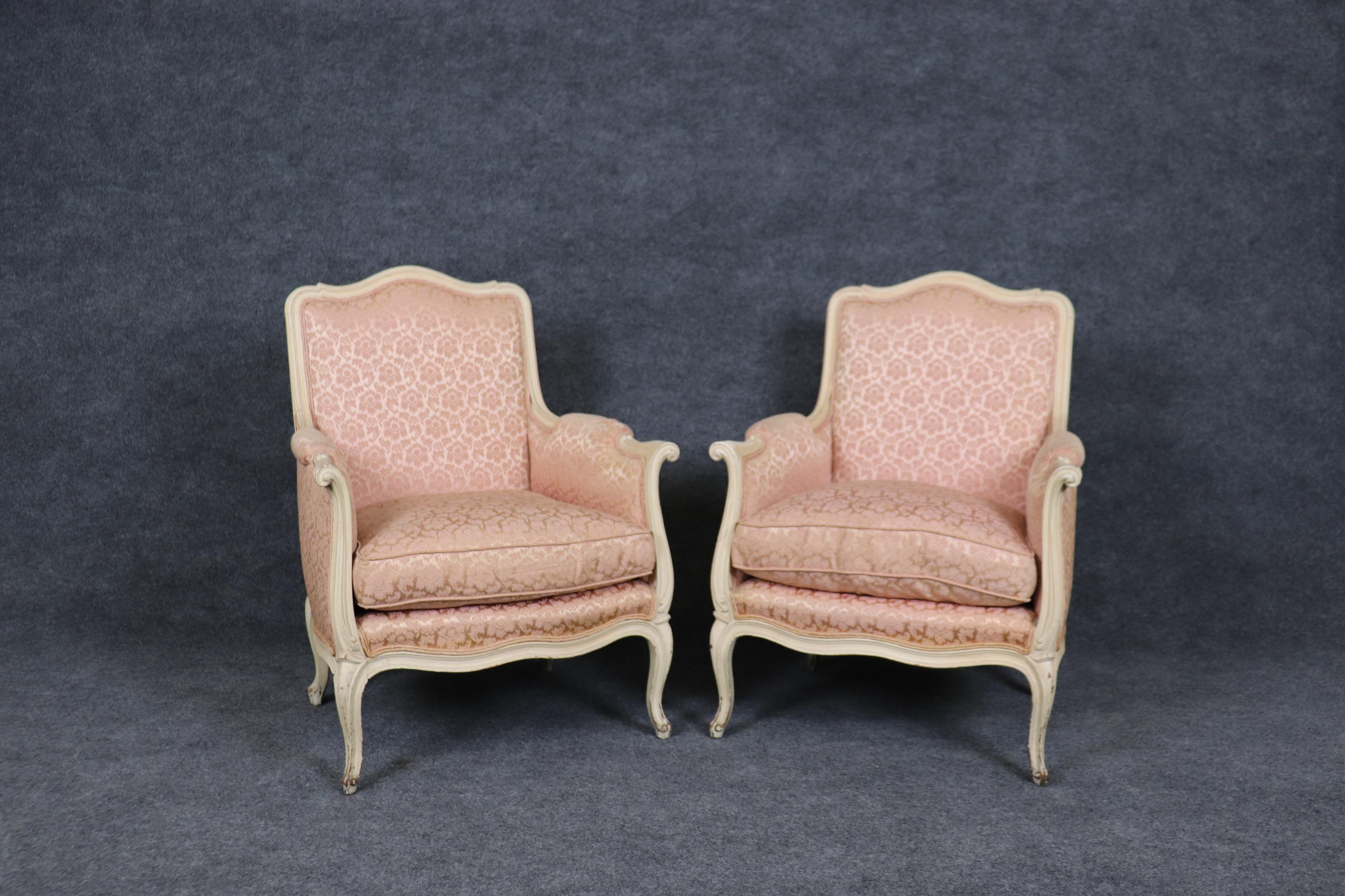 Pair of Creme Painted Rose Blush Hued French Louis XV Bergere Chairs 2