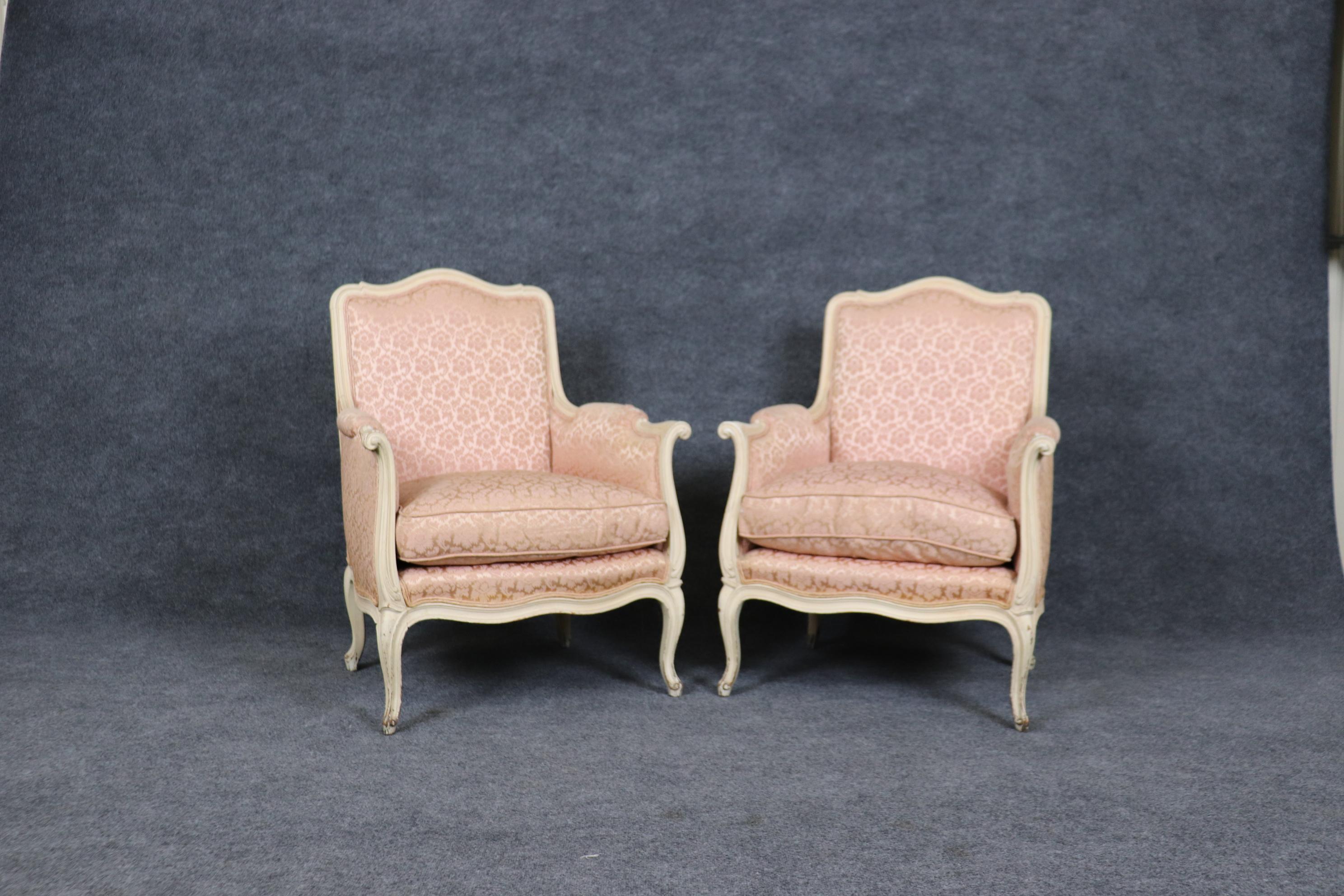 Pair of Creme Painted Rose Blush Hued French Louis XV Bergere Chairs 3