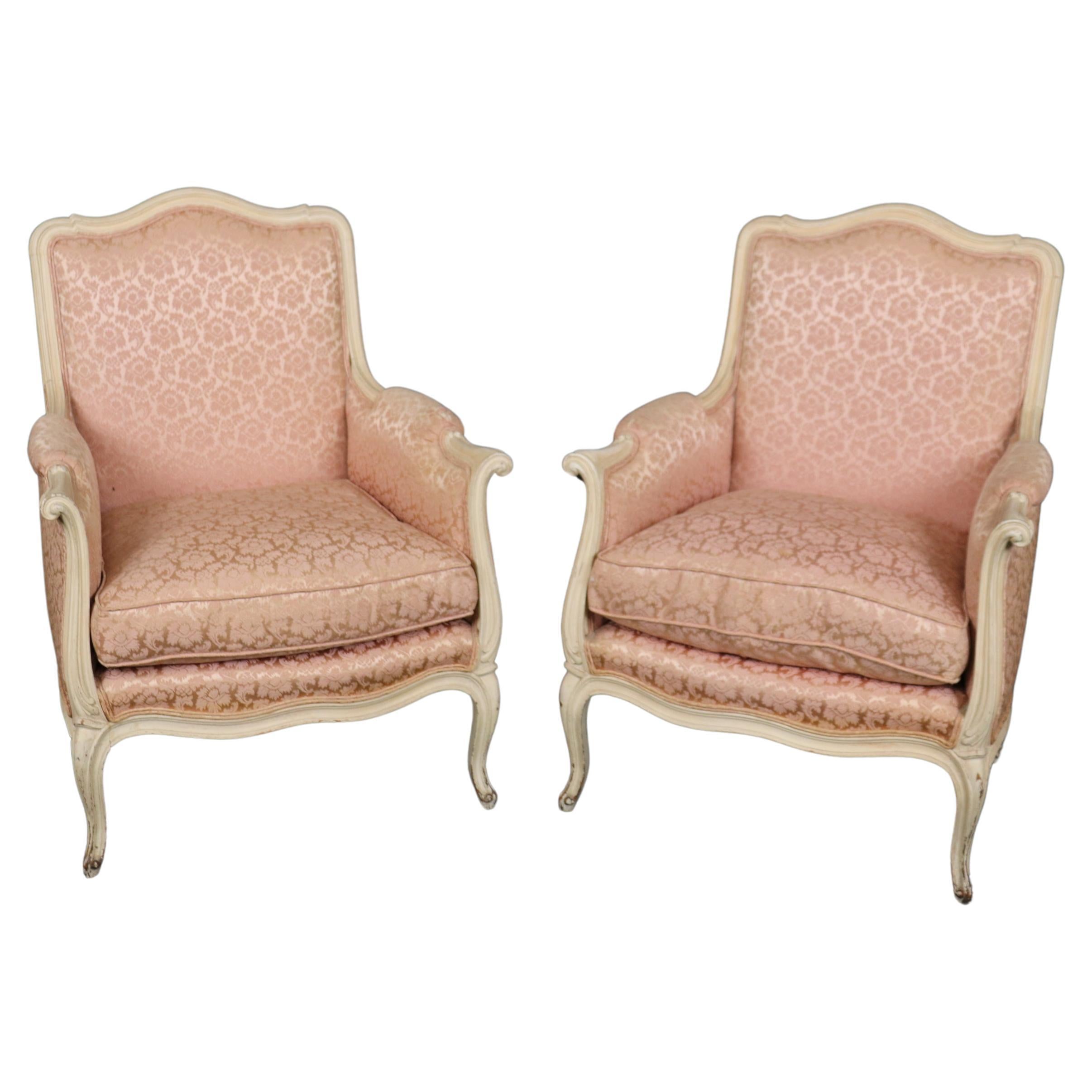 Pair of Creme Painted Rose Blush Hued French Louis XV Bergere Chairs