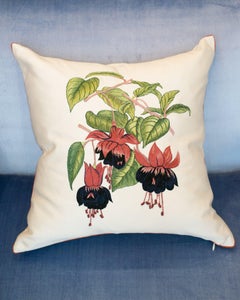 Pair of Crème Silk Pillows with Embroidered Fuchsia Flowers