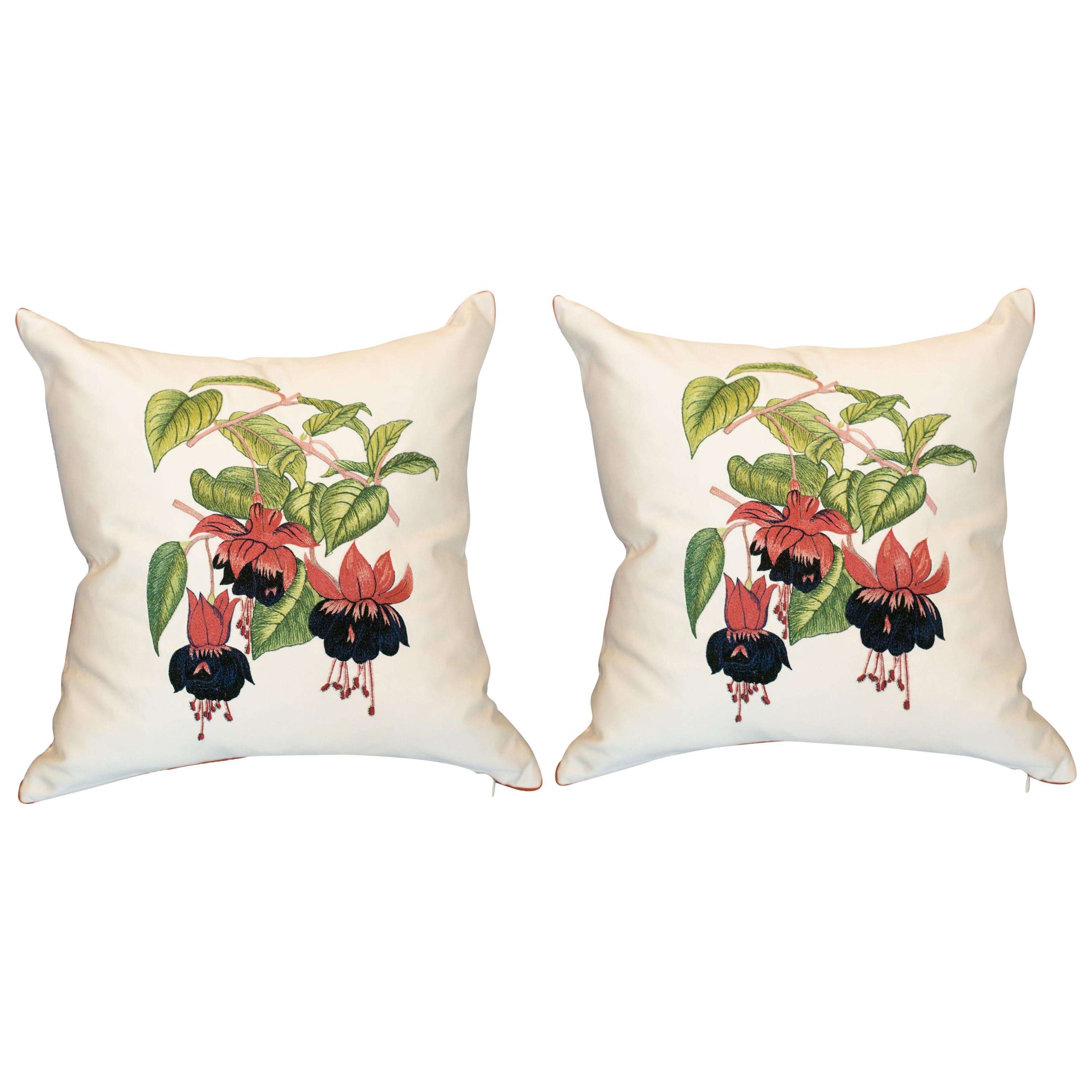 Pair of Crème Silk Pillows with Embroidered Fuchsia Flowers