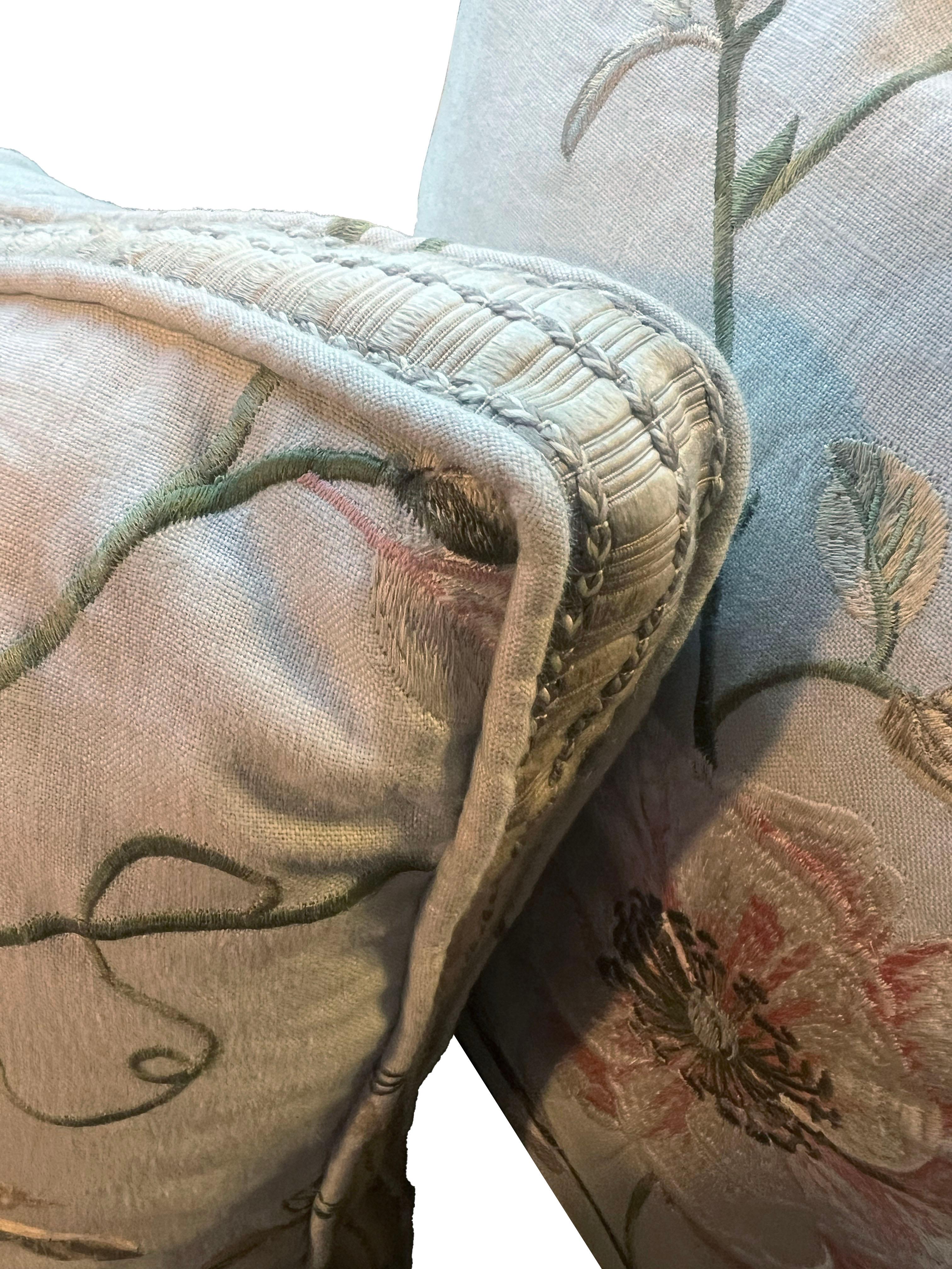 Linen Pair of Crewel Work Embroidered Pillows  For Sale