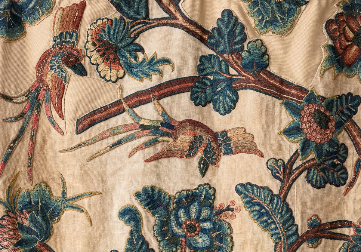 A Pair of Crewelwork Hangings; English, c.1720

Each with an array of exotic animals and birds amid exuberantly flowering trees, worked in crewel wool in long and short stem and French knot stitches on a linen twill ground. The embroidery re-applied