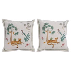 Pair of Crewelwork Throw Pillows with Tigers and Toucans, Priced Individually