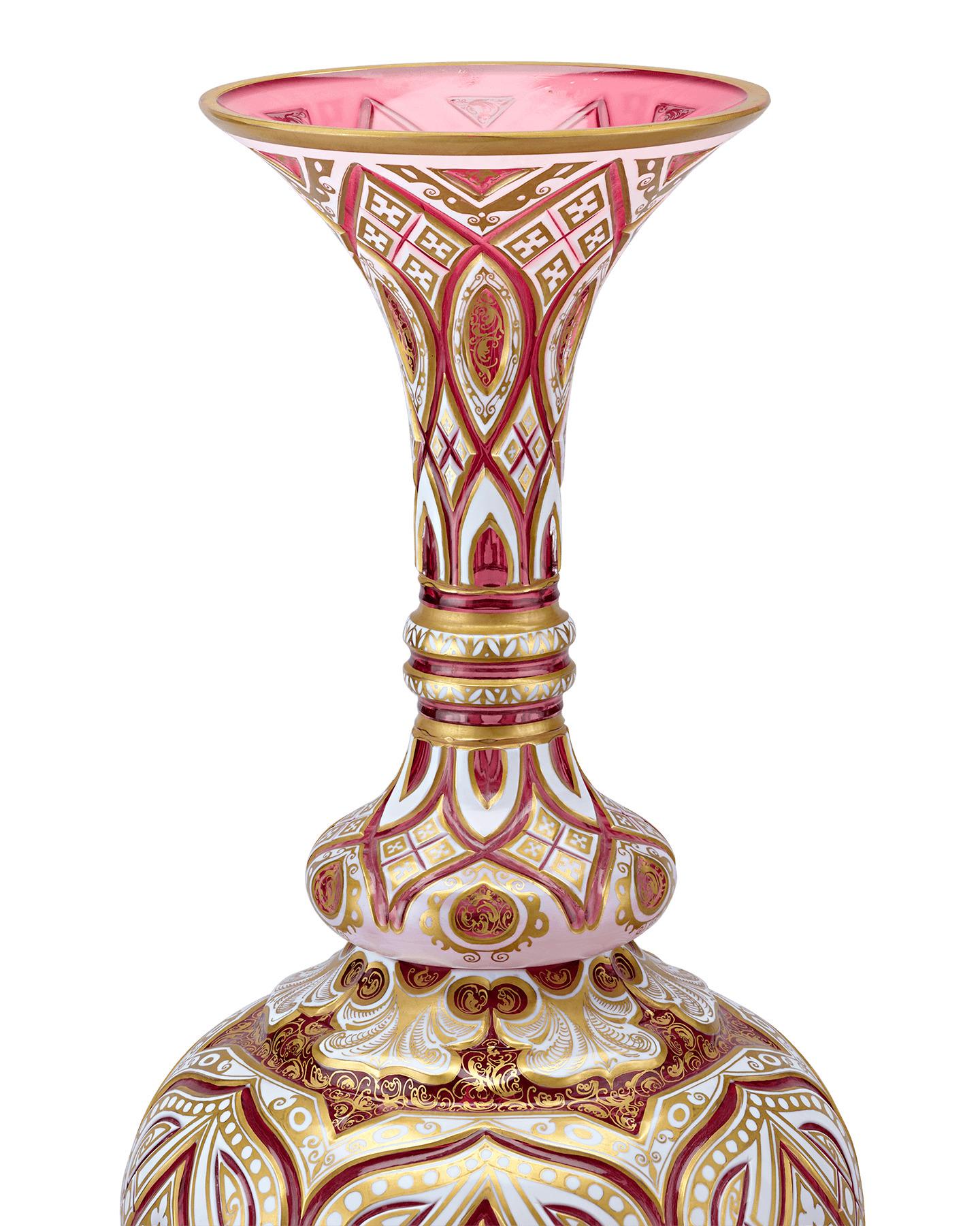 Czech Pair of Crimson and Gold Bohemian Art Glass Vases